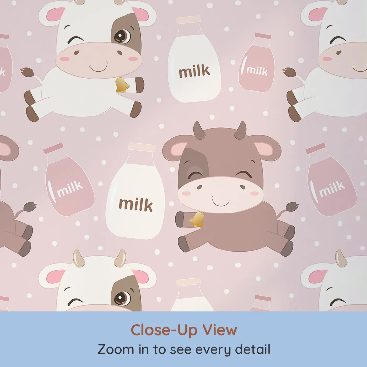 Close-up view of Whimsy Tots' Moo Moo Milk Parade Wallpaper in Pink (W3016A).Happy calves and milk bottles float across a dotty pink wonderland.