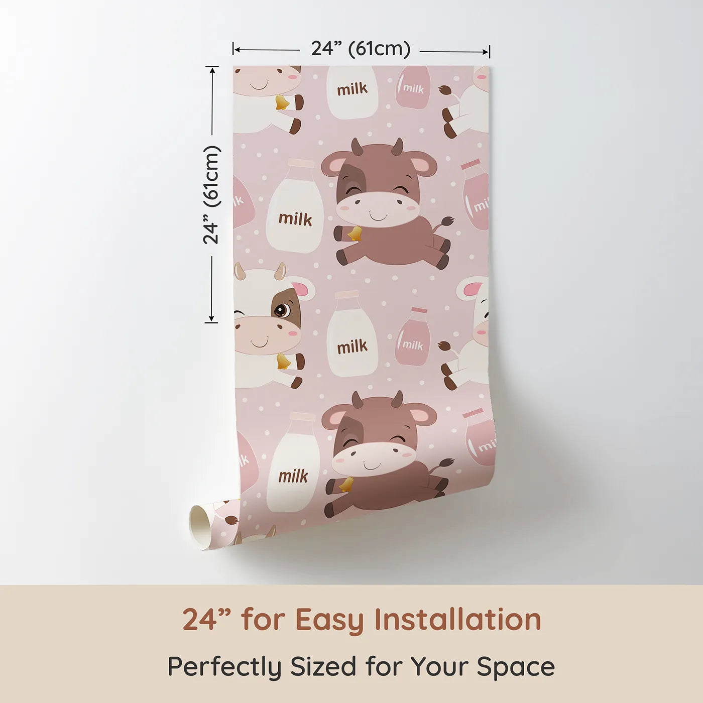 Dimension view of Whimsy Tots Moo Moo Milk Parade Wallpaper in Pink (W3016A). Printed in 24-inch-wide panel for easy installation. Happy calves and milk bottles float across a dotty pink wonderland.