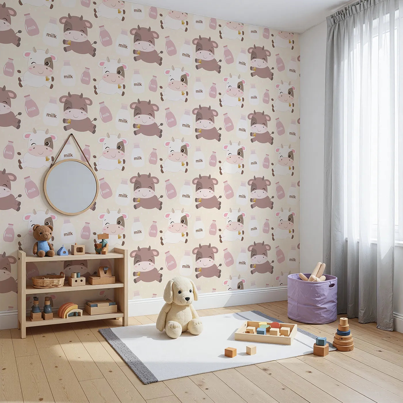 Angled view of Whimsy Tots' Moo Moo Milk Parade Wallpaper in Cream (W3016B).Happy calves and milk bottles float across a dotty cream wonderland.