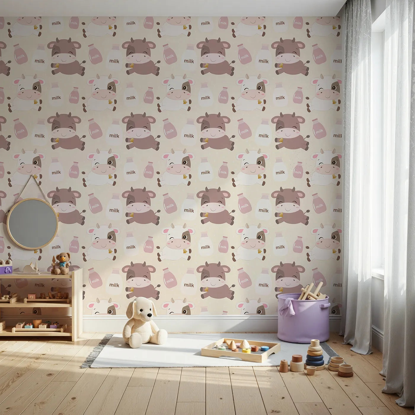 Front view of Whimsy Tots' Moo Moo Milk Parade Wallpaper in Cream
