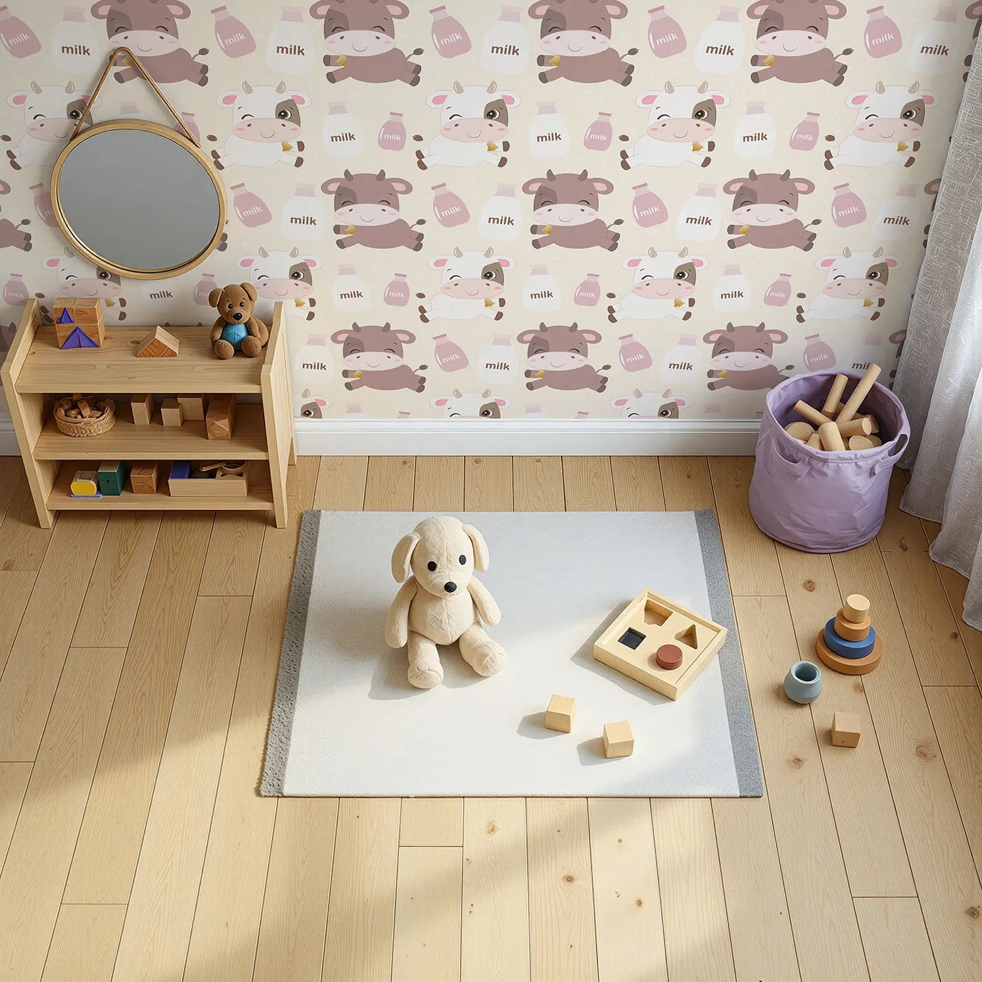 Top-Down view of Whimsy Tots' Moo Moo Milk Parade Wallpaper in Cream (W3016B).Happy calves and milk bottles float across a dotty cream wonderland.