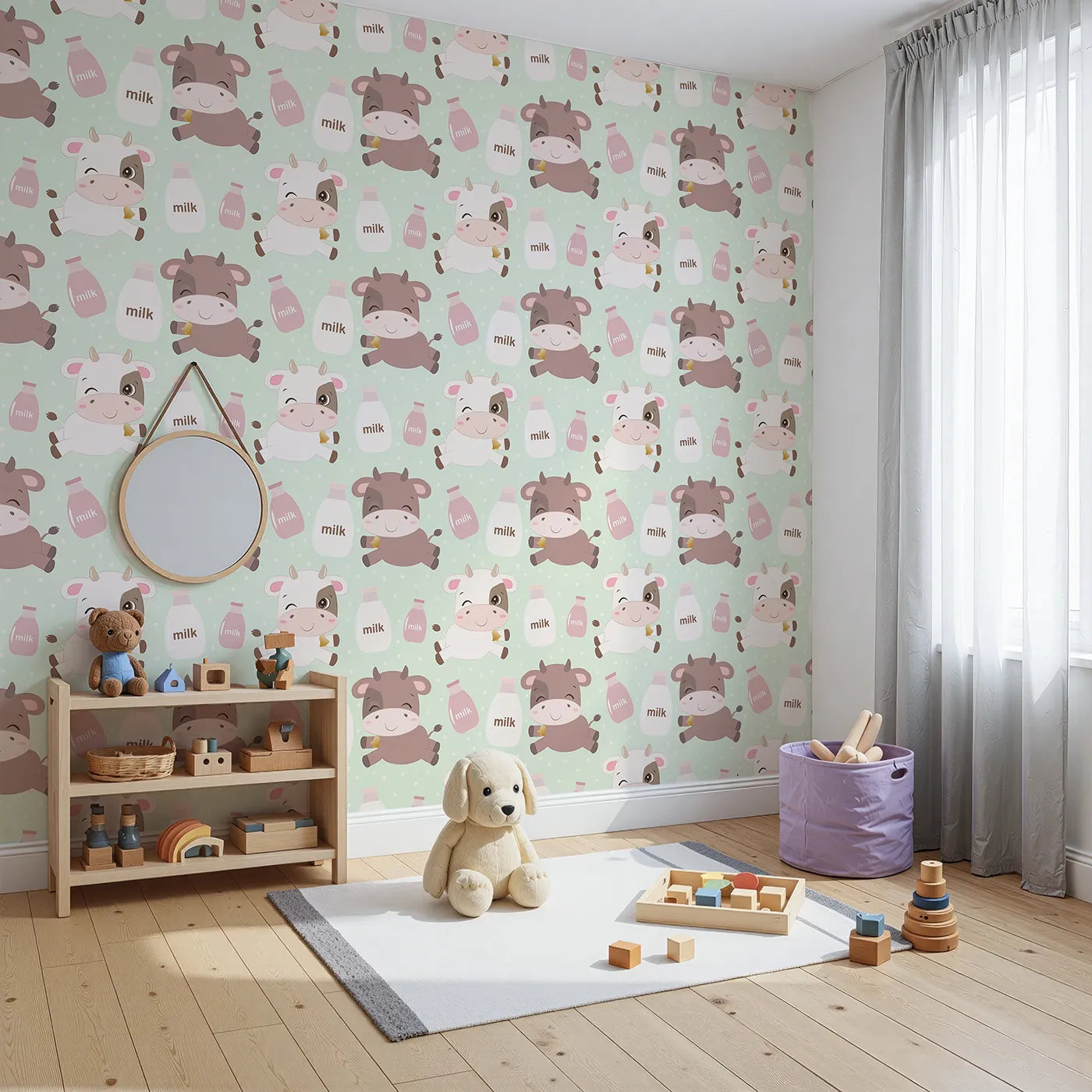 Angled view of Whimsy Tots' Moo Moo Milk Parade Wallpaper in Green (W3016C).Happy calves and milk bottles float across a dotty minty-green wonderland.