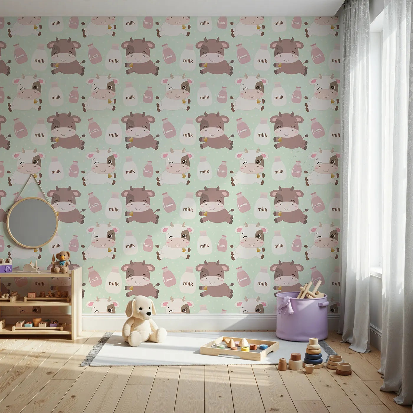 Front view of Whimsy Tots' Moo Moo Milk Parade Wallpaper in Green