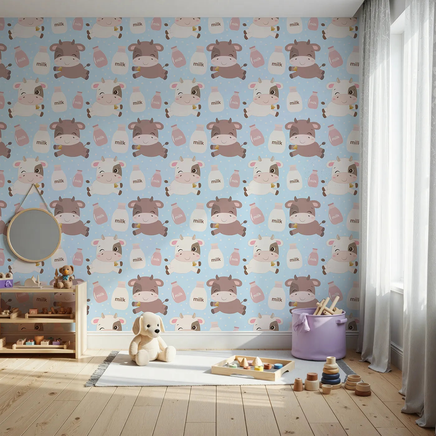 Front view of Whimsy Tots' Moo Moo Milk Parade Wallpaper in Blue