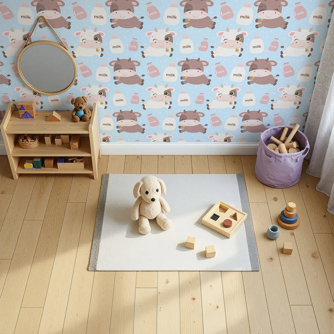 Top-Down view of Whimsy Tots' Moo Moo Milk Parade Wallpaper in Blue (W3016D).Happy calves and milk bottles float across a dotty blue wonderland.