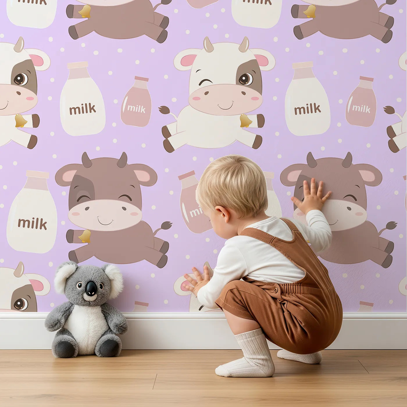 Lovely child standing in front of Whimsy Tots Moo Moo Milk Parade Wallpaper in Purple with cow, bottle, bell, dot in design.