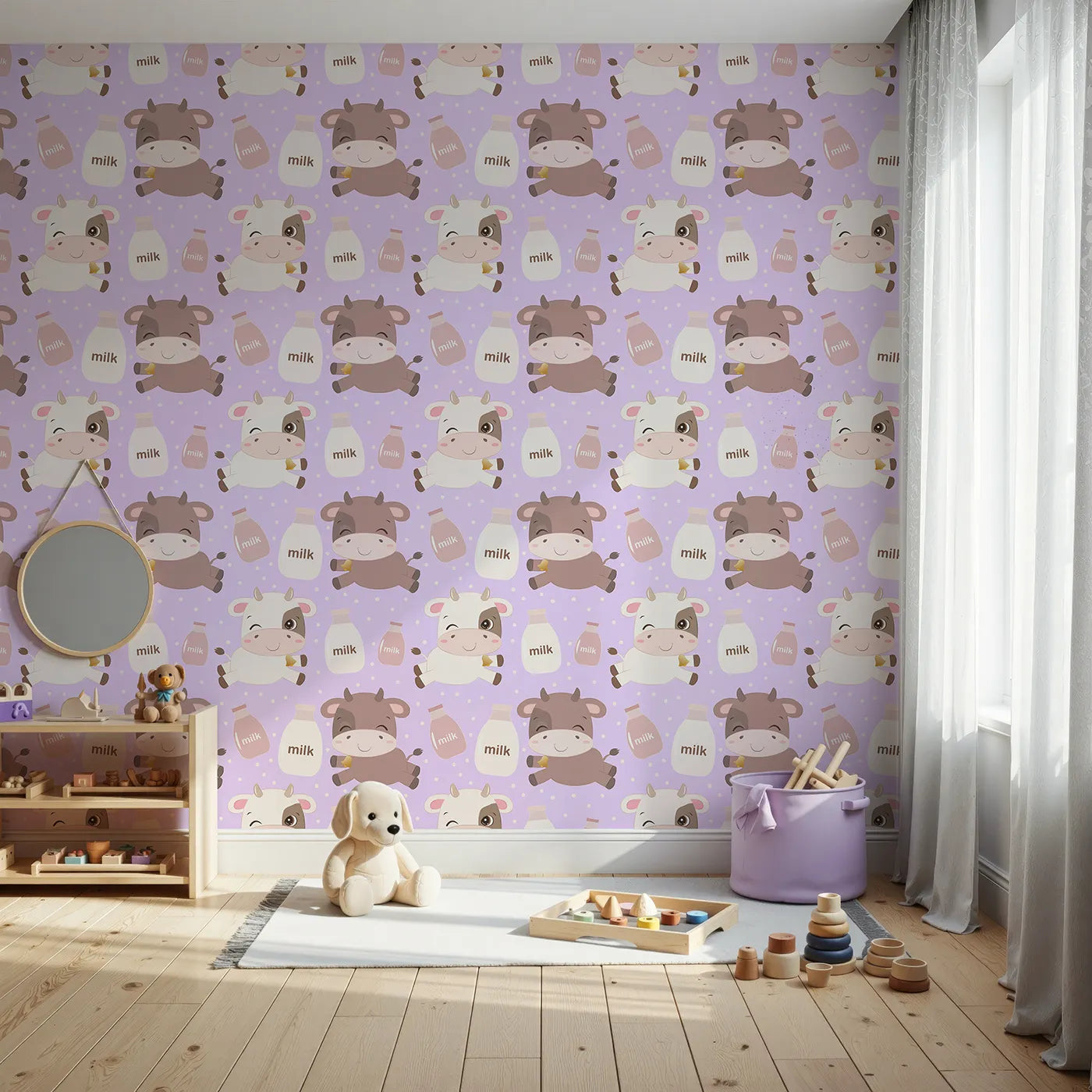 Front view of Whimsy Tots' Moo Moo Milk Parade Wallpaper in Purple