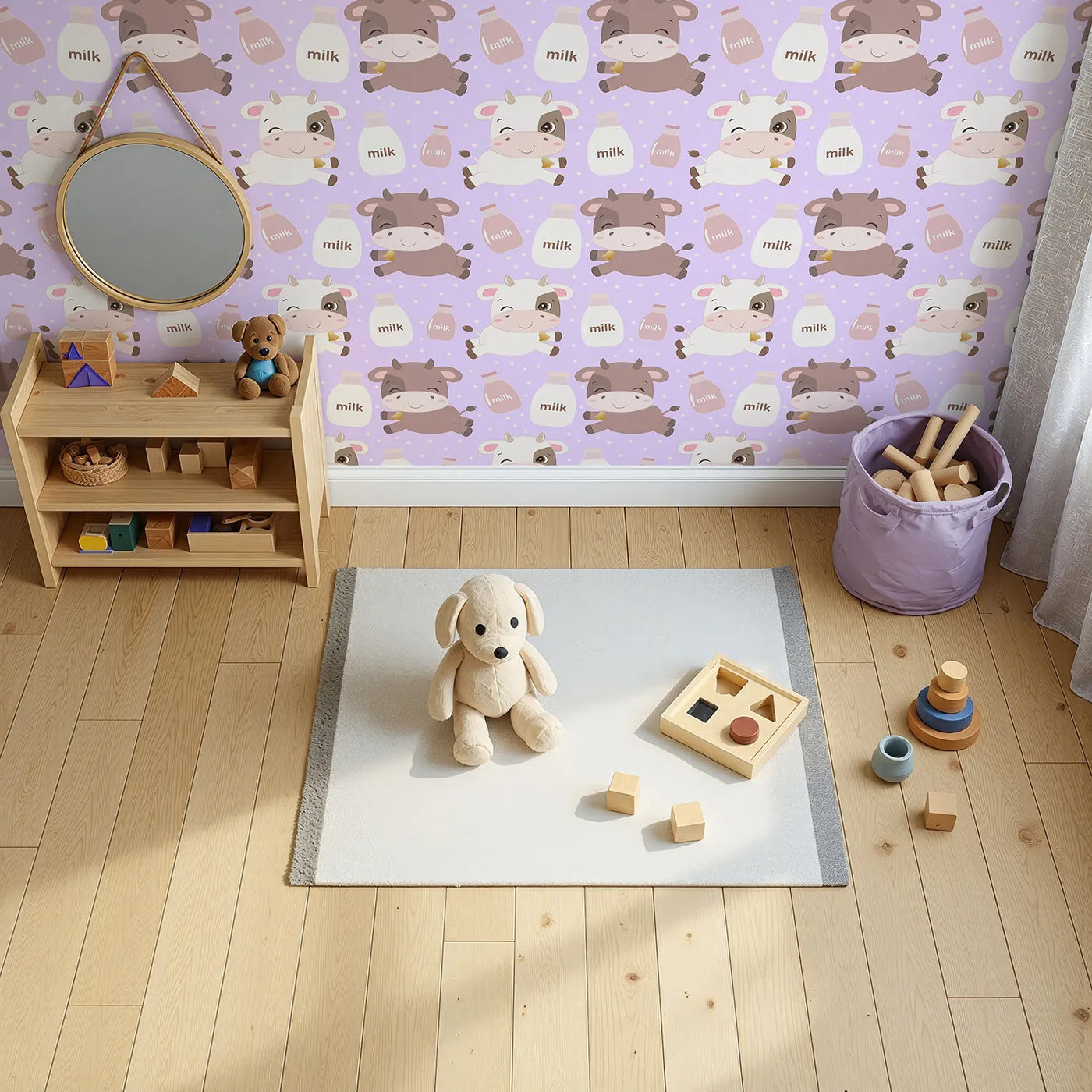 Top-Down view of Whimsy Tots' Moo Moo Milk Parade Wallpaper in Purple (W3016E).Happy calves and milk bottles float across a dotty purple wonderland.