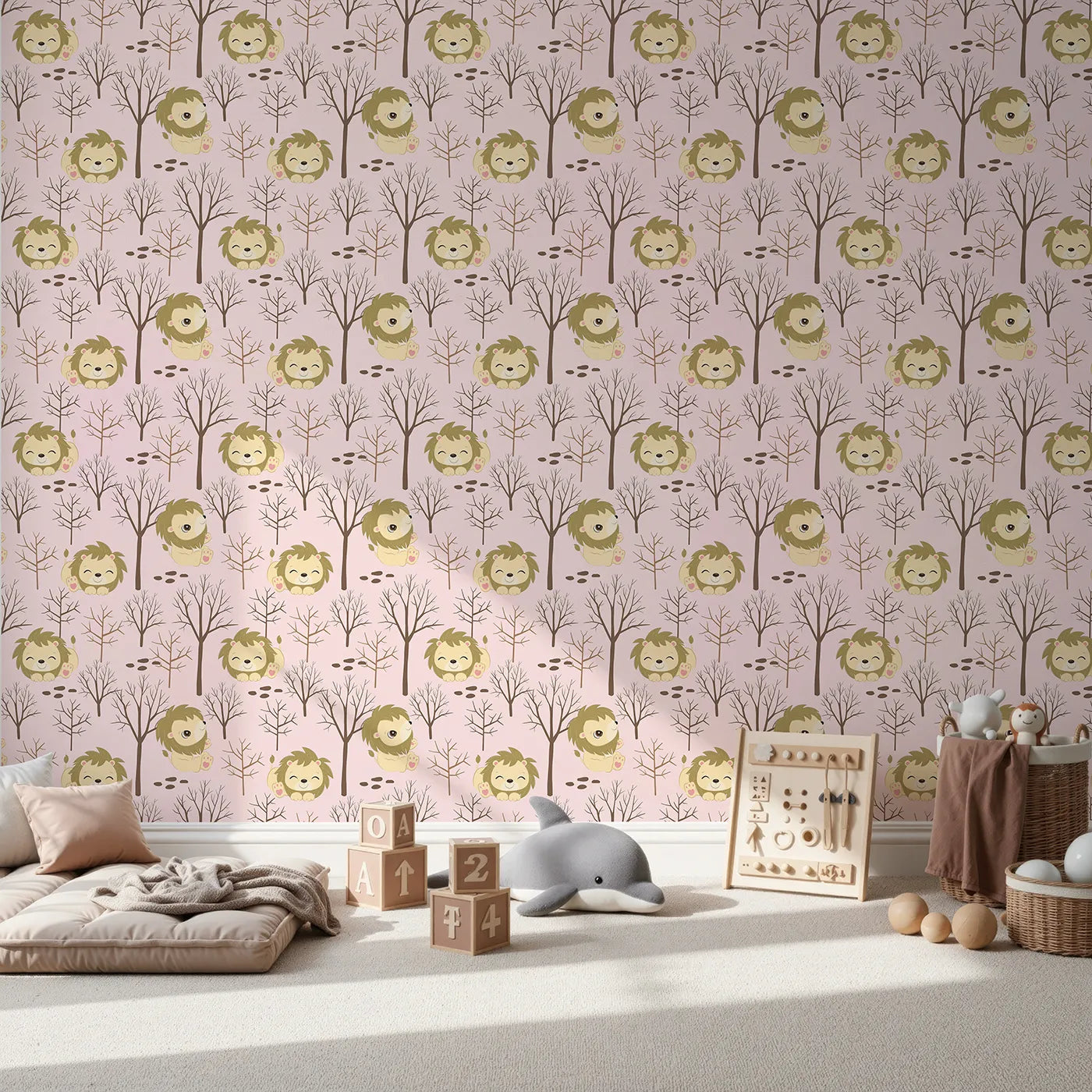 Front view of Whimsy Tots' Little Lion Nap Wallpaper in Pink