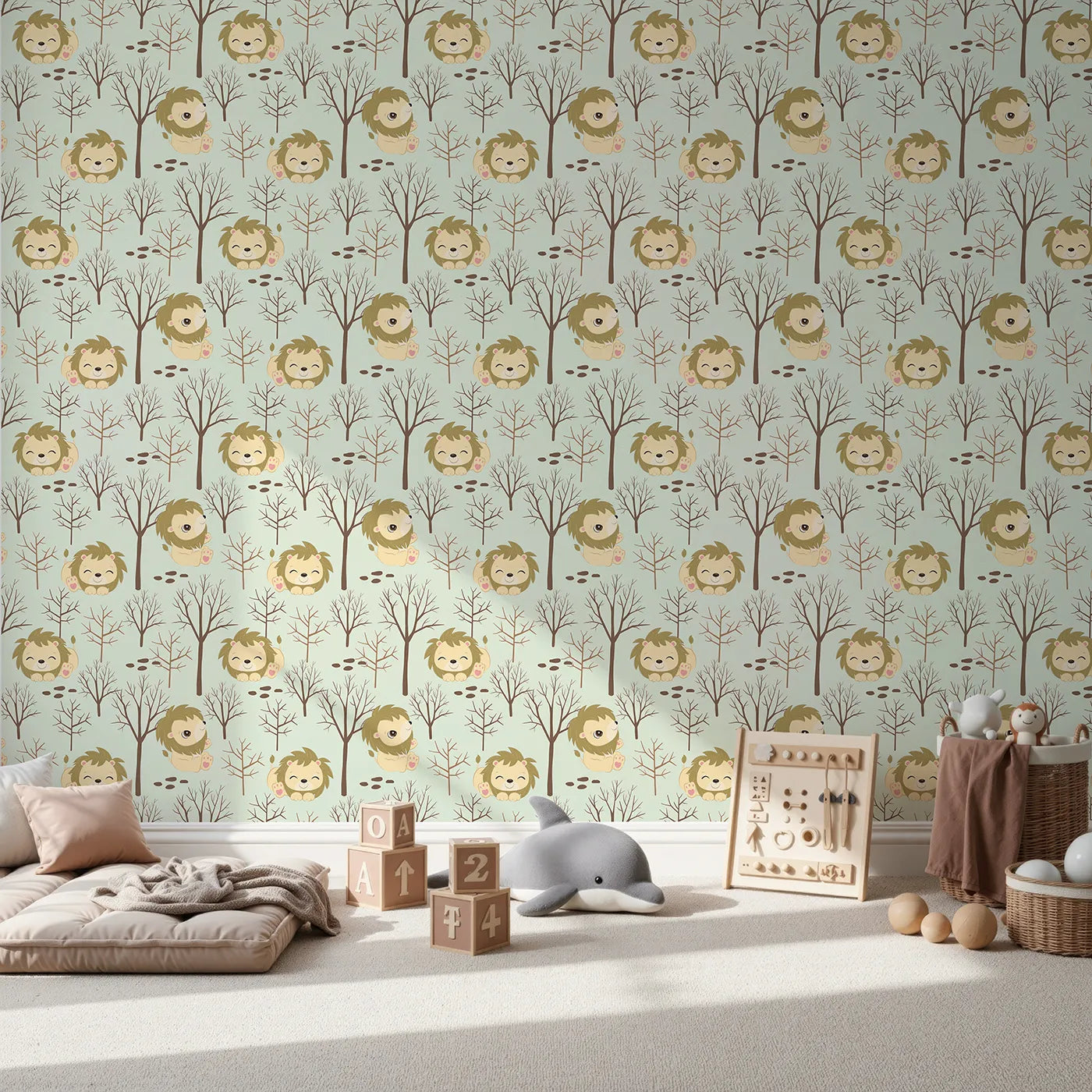 Front view of Whimsy Tots' Little Lion Nap Wallpaper in Green