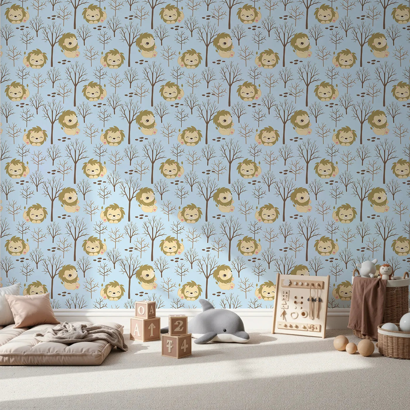 Front view of Whimsy Tots' Little Lion Nap Wallpaper in Blue