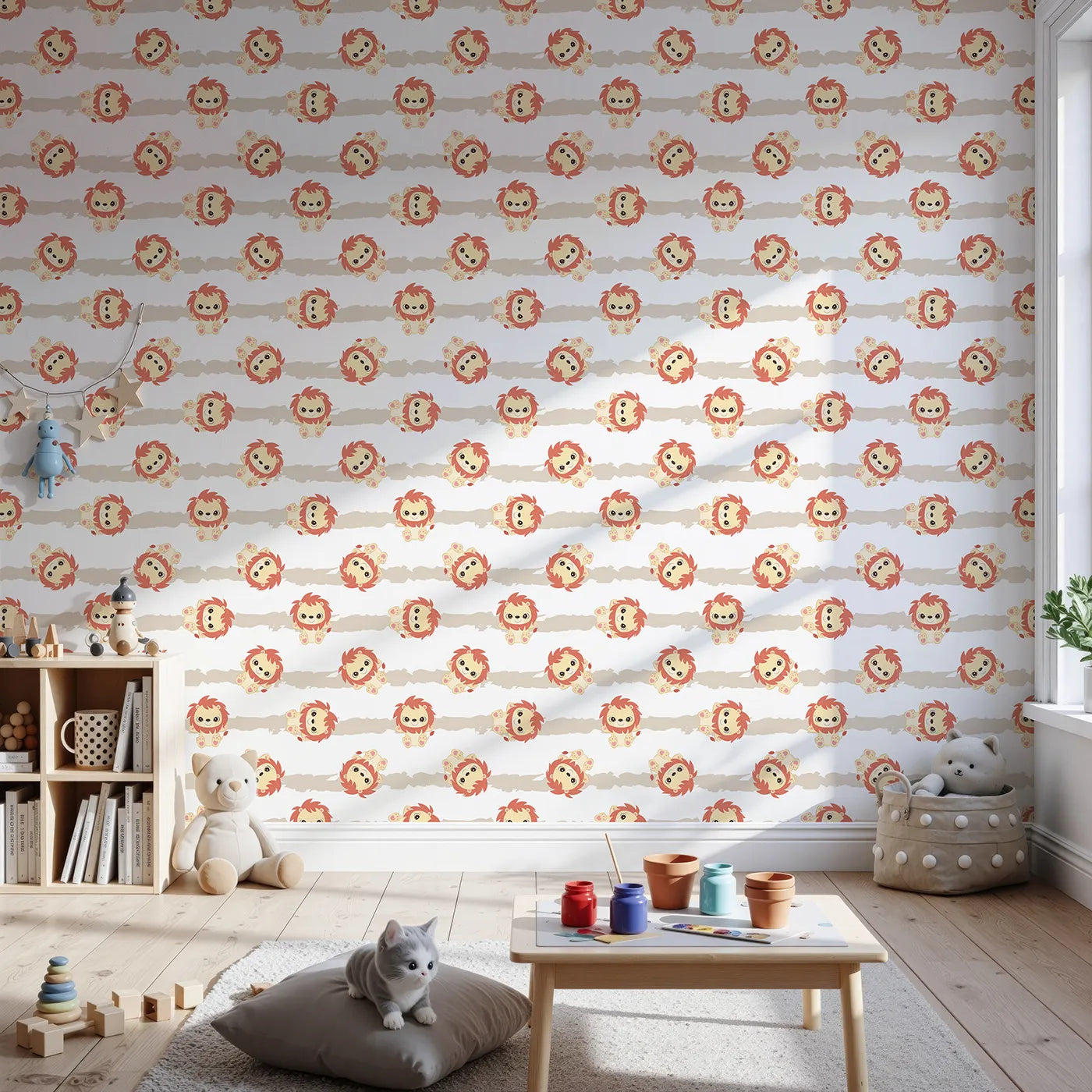 Front view of Whimsy Tots' Striped Safari Cubs Wallpaper in Beige
