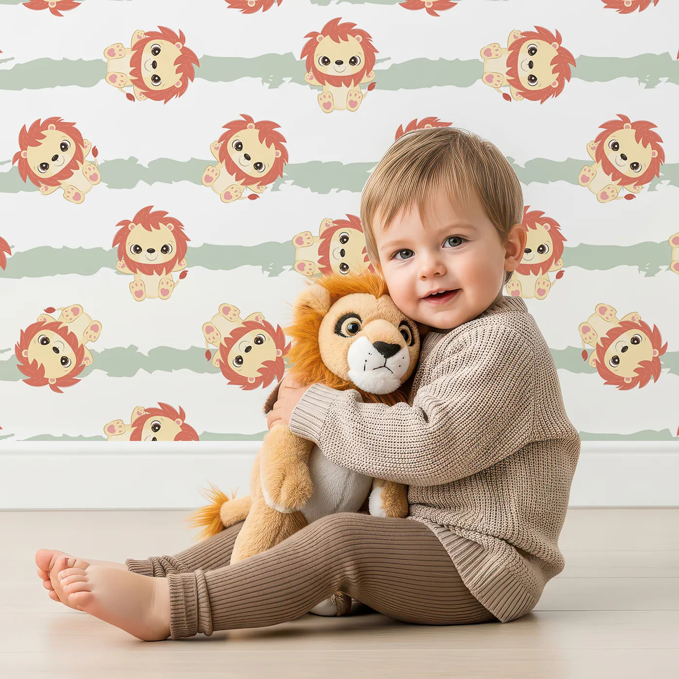 Lovely child standing in front of Whimsy Tots Striped Safari Cubs Wallpaper in Green with lion, stripe, paw in design.