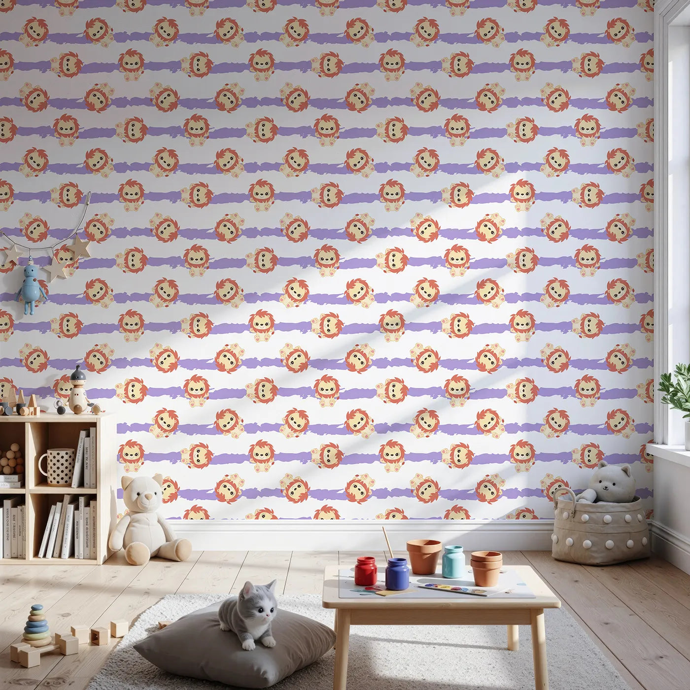 Front view of Whimsy Tots' Striped Safari Cubs Wallpaper in Purple