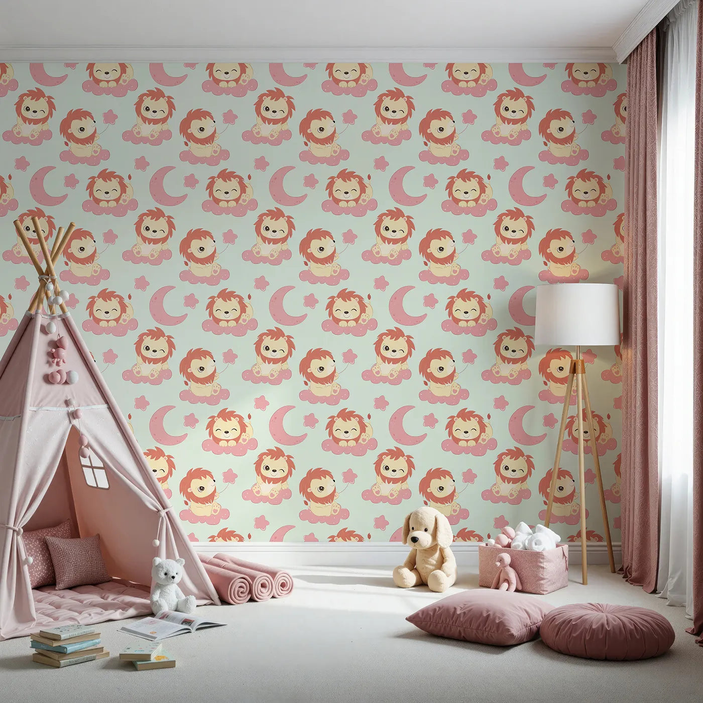 Front view of Whimsy Tots' Starry Safari Dreams Wallpaper in Mint Green