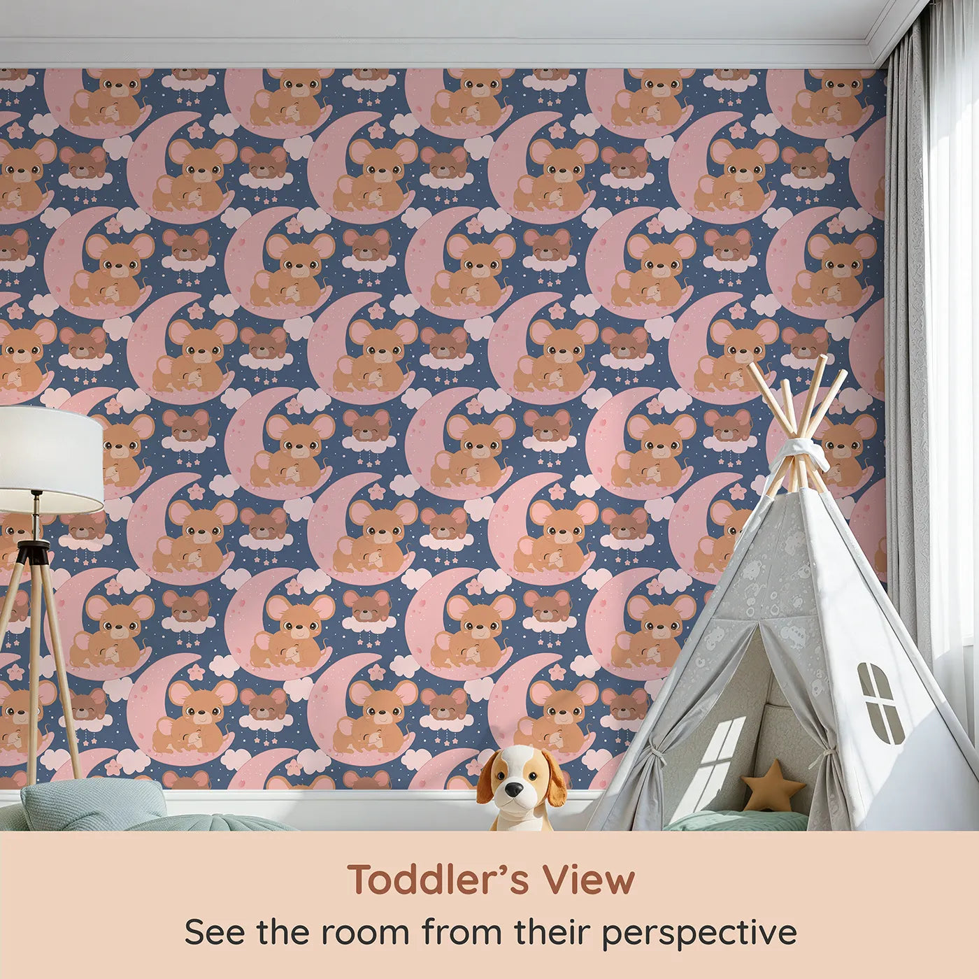 Whimsy Tots Moonlight Mouse Cuddles Wallpaper in Navy Blue (W3022B) from your child's view.Sweet mice snuggled under stars bring warmth and wonder to bedtime.