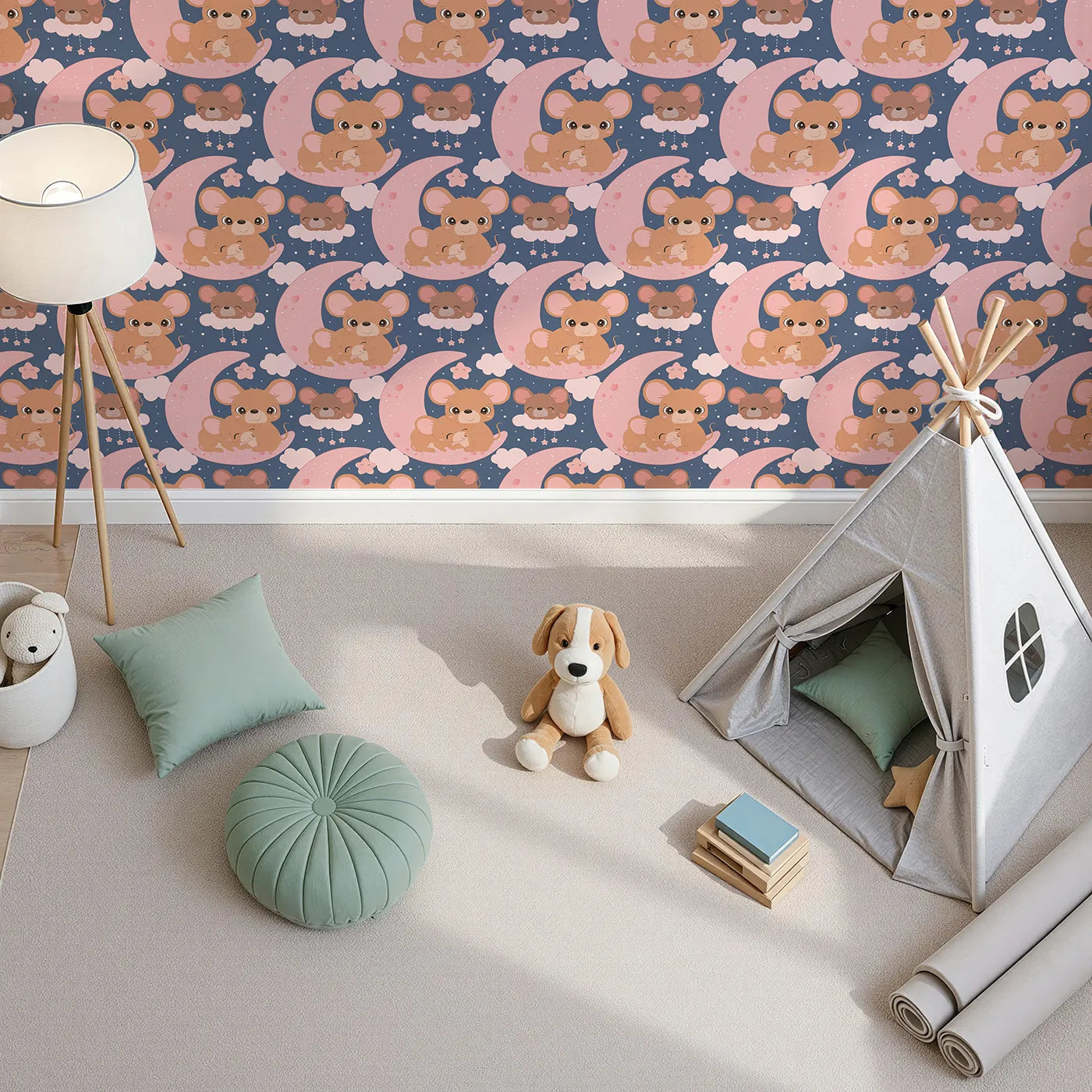 Top-Down view of Whimsy Tots' Moonlight Mouse Cuddles Wallpaper in Navy Blue (W3022B).Sweet mice snuggled under stars bring warmth and wonder to bedtime.
