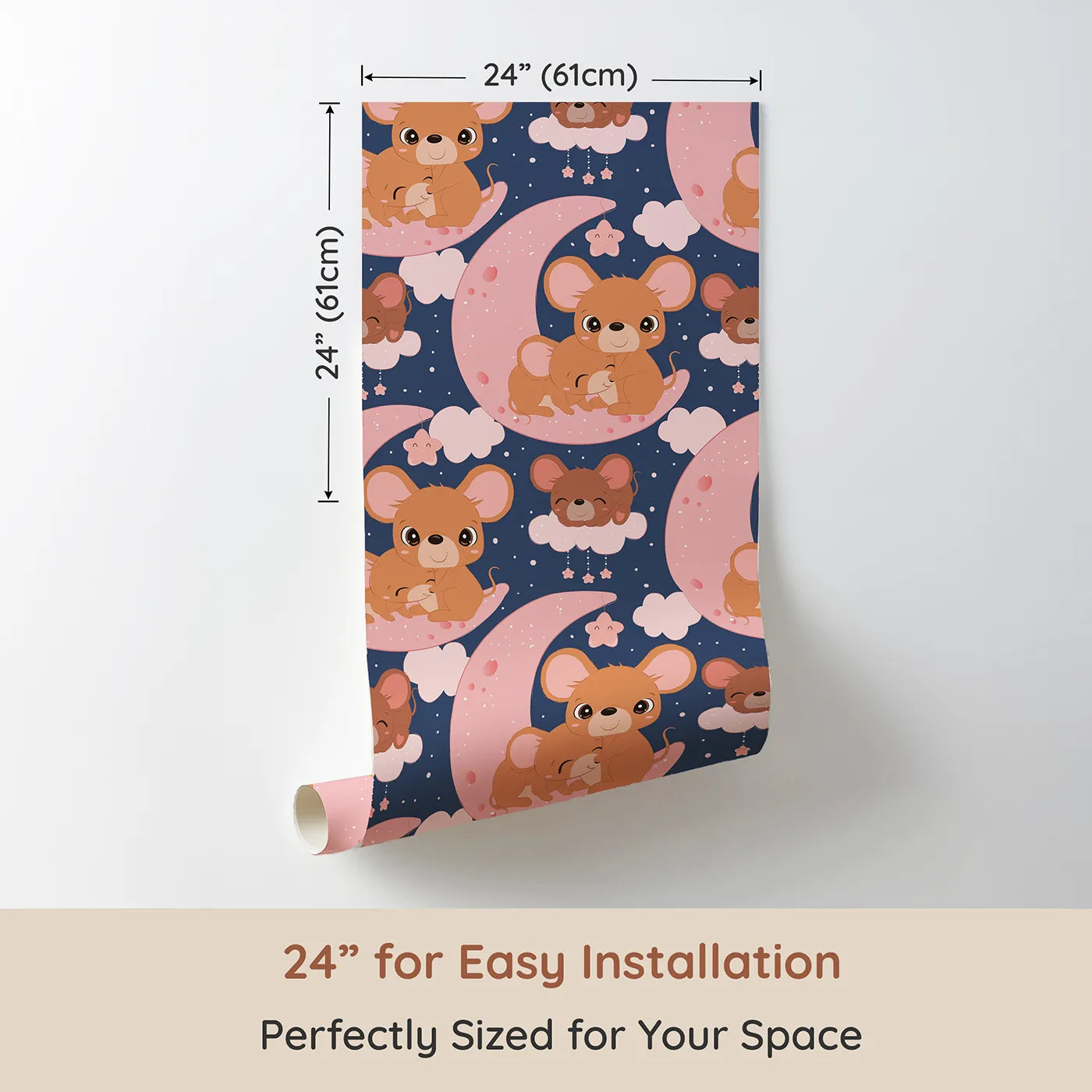 Dimension view of Whimsy Tots Moonlight Mouse Cuddles Wallpaper in Navy Blue (W3022B). Printed in 24-inch-wide panel for easy installation. Sweet mice snuggled under stars bring warmth and wonder to bedtime.