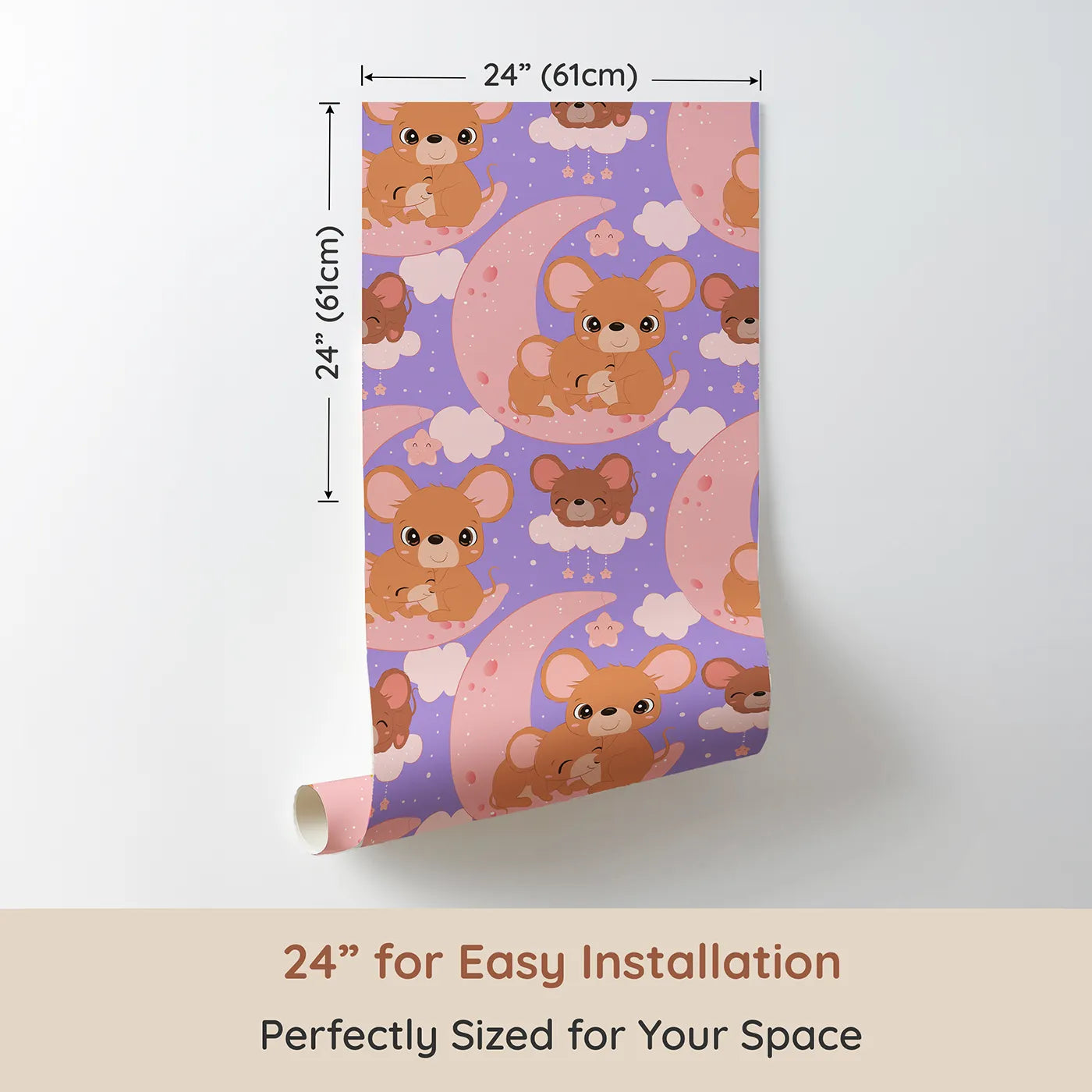 Dimension view of Whimsy Tots Moonlight Mouse Cuddles Wallpaper in Lavender (W3022C). Printed in 24-inch-wide panel for easy installation. Sweet mice snuggled under stars bring warmth and wonder to bedtime.
