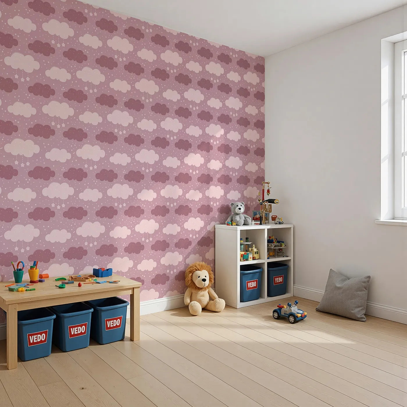 Angled view of Whimsy Tots' Dreamy Drizzle Clouds Wallpaper in Pink (W3023A).Floating clouds and sprinkle stars bring calm and cuddles to every corner.