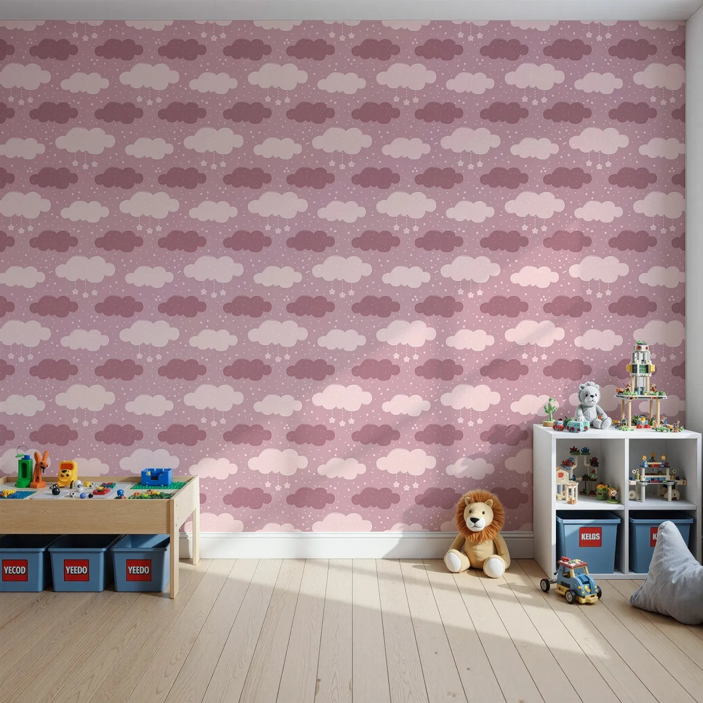 Front view of Whimsy Tots' Dreamy Drizzle Clouds Wallpaper in Pink
