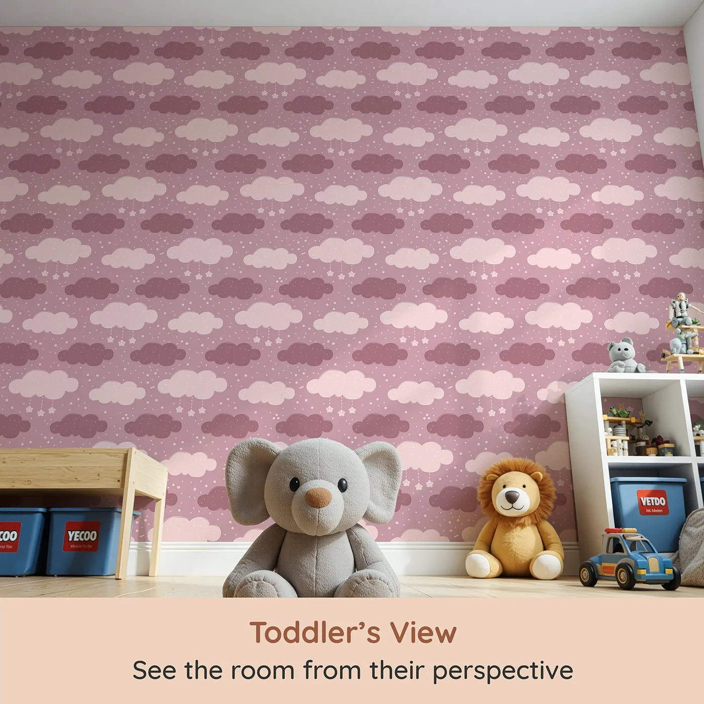 Whimsy Tots Dreamy Drizzle Clouds Wallpaper in Pink (W3023A) from your child's view.Floating clouds and sprinkle stars bring calm and cuddles to every corner.