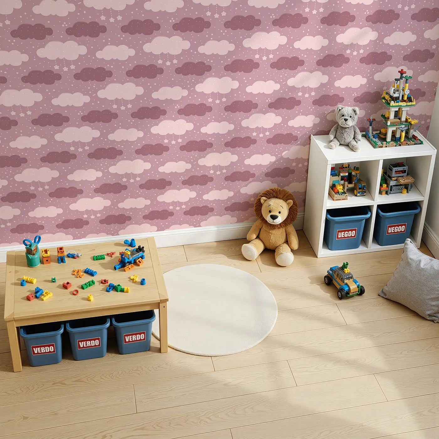 Top-Down view of Whimsy Tots' Dreamy Drizzle Clouds Wallpaper in Pink (W3023A).Floating clouds and sprinkle stars bring calm and cuddles to every corner.