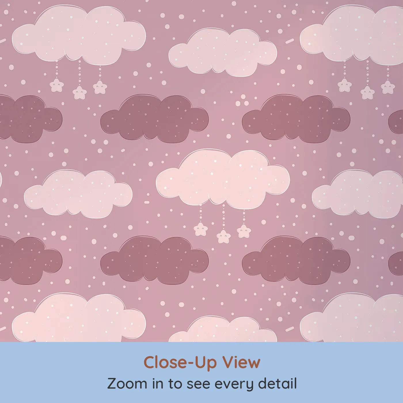 Close-up view of Whimsy Tots' Dreamy Drizzle Clouds Wallpaper in Pink (W3023A).Floating clouds and sprinkle stars bring calm and cuddles to every corner.