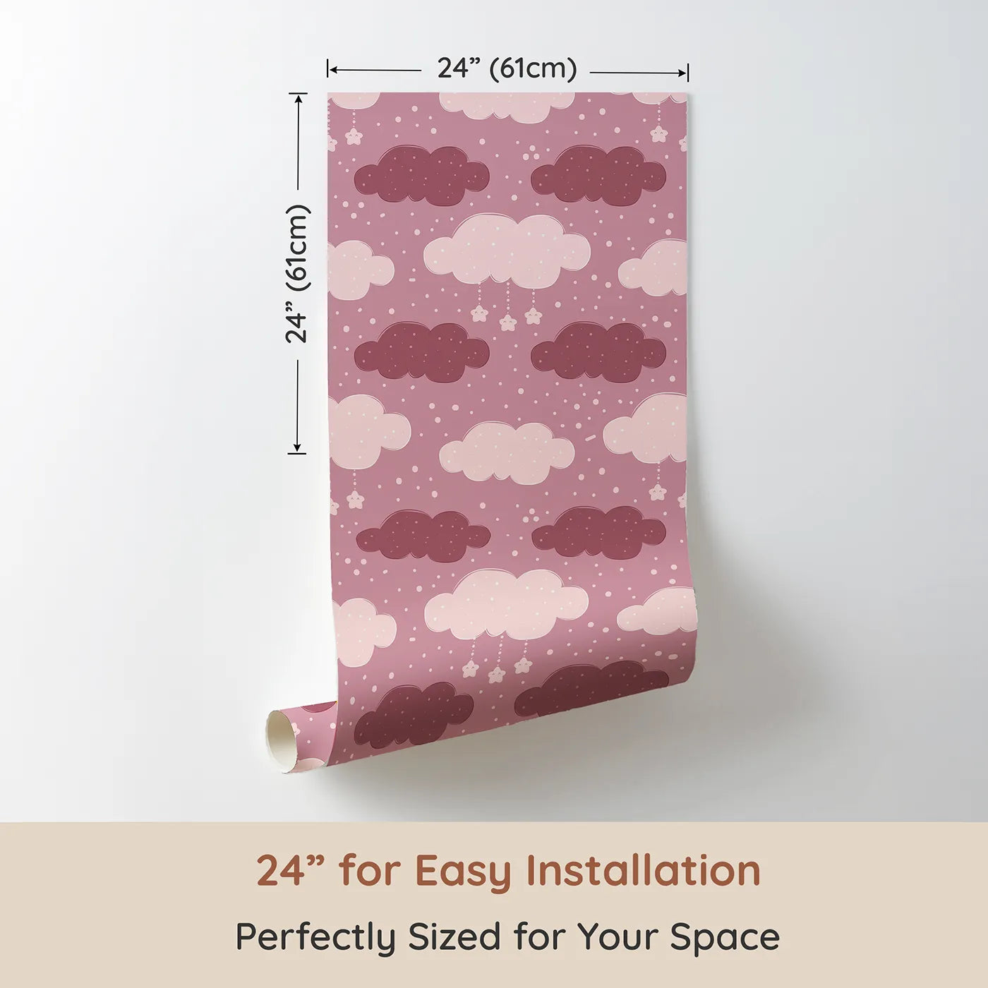 Dimension view of Whimsy Tots Dreamy Drizzle Clouds Wallpaper in Pink (W3023A). Printed in 24-inch-wide panel for easy installation. Floating clouds and sprinkle stars bring calm and cuddles to every corner.
