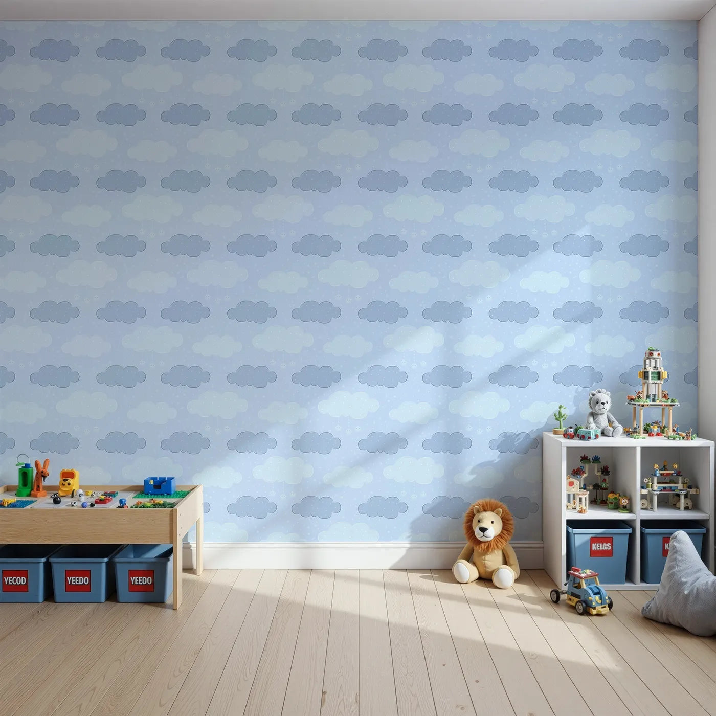 Front view of Whimsy Tots' Dreamy Drizzle Clouds Wallpaper in Blue