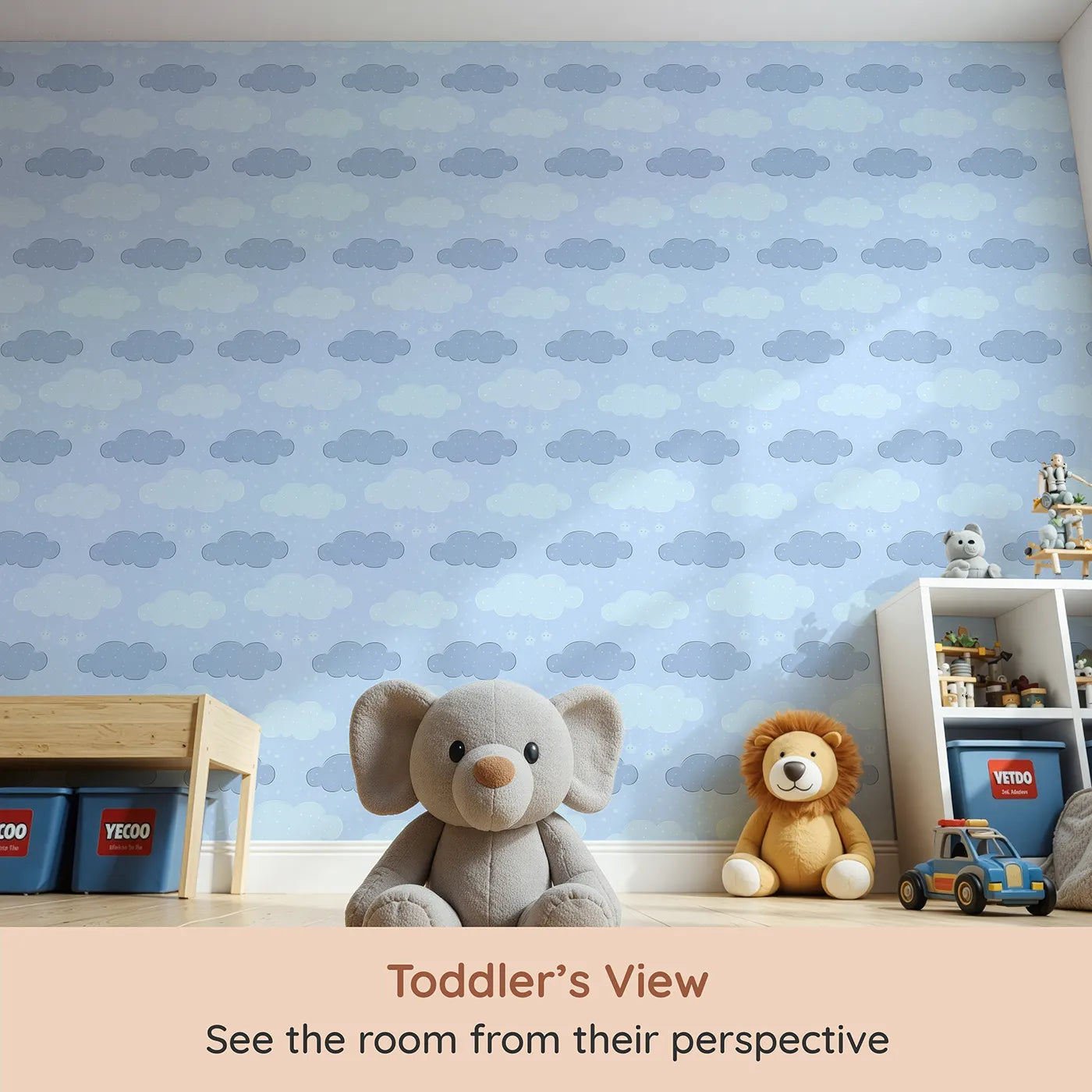 Whimsy Tots Dreamy Drizzle Clouds Wallpaper in Blue (W3023B) from your child's view.Floating clouds and sprinkle stars bring calm and cuddles to every corner.