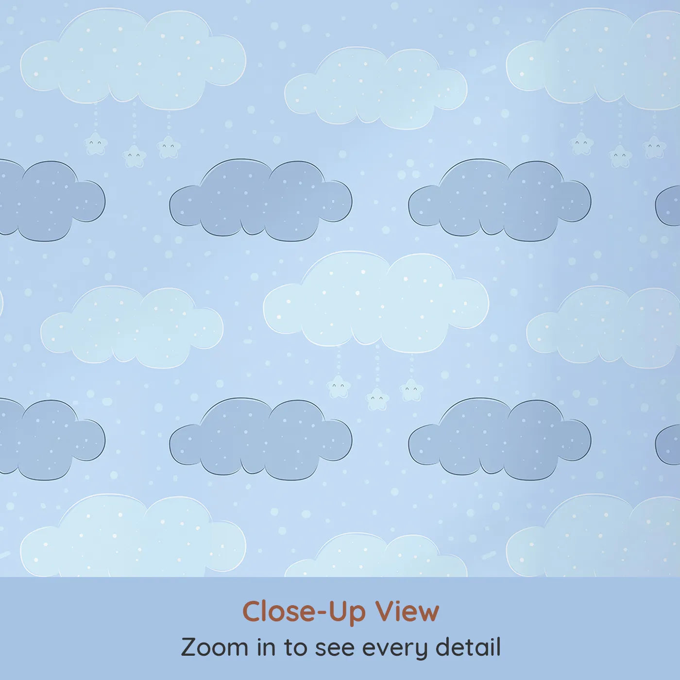 Close-up view of Whimsy Tots' Dreamy Drizzle Clouds Wallpaper in Blue (W3023B).Floating clouds and sprinkle stars bring calm and cuddles to every corner.