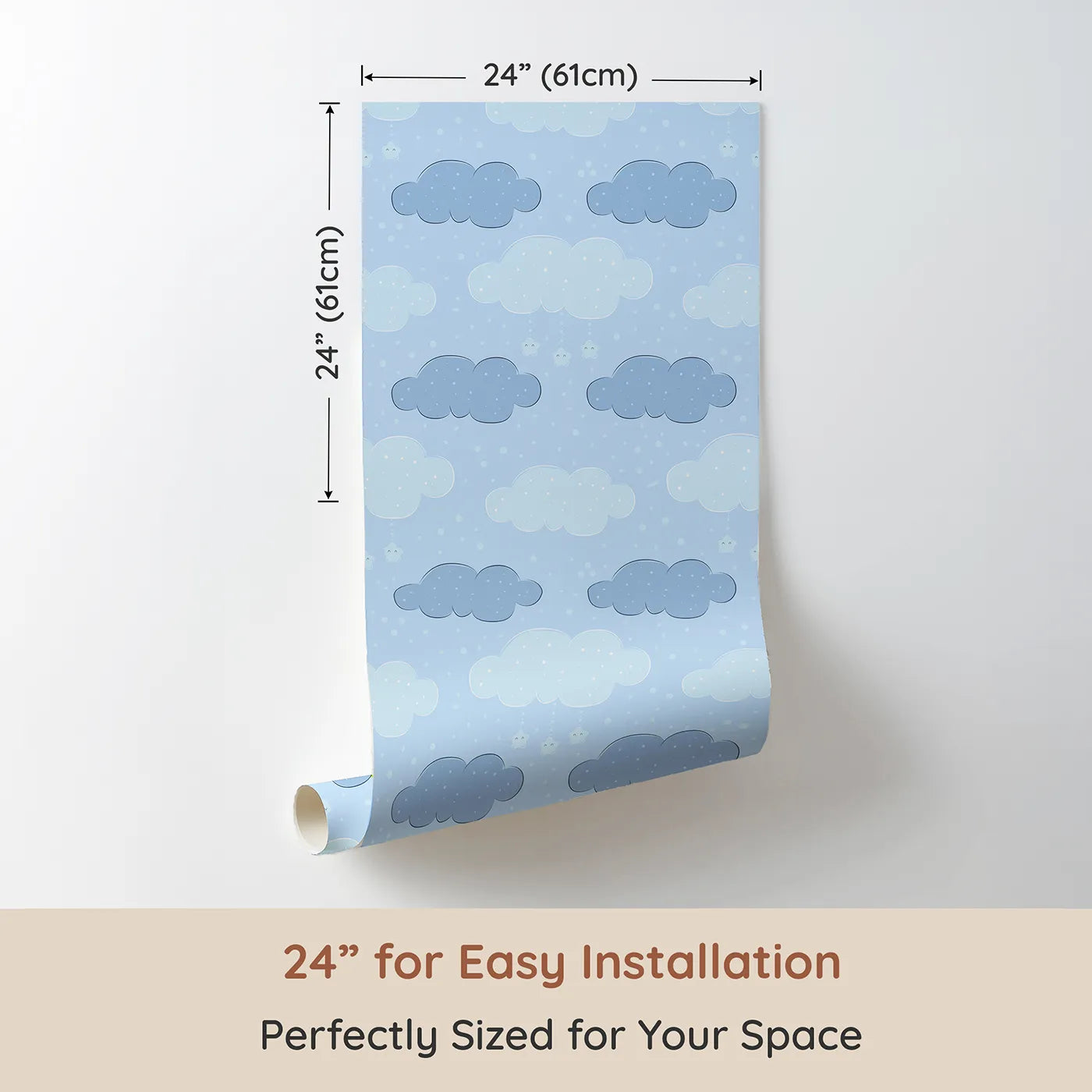 Dimension view of Whimsy Tots Dreamy Drizzle Clouds Wallpaper in Blue (W3023B). Printed in 24-inch-wide panel for easy installation. Floating clouds and sprinkle stars bring calm and cuddles to every corner.