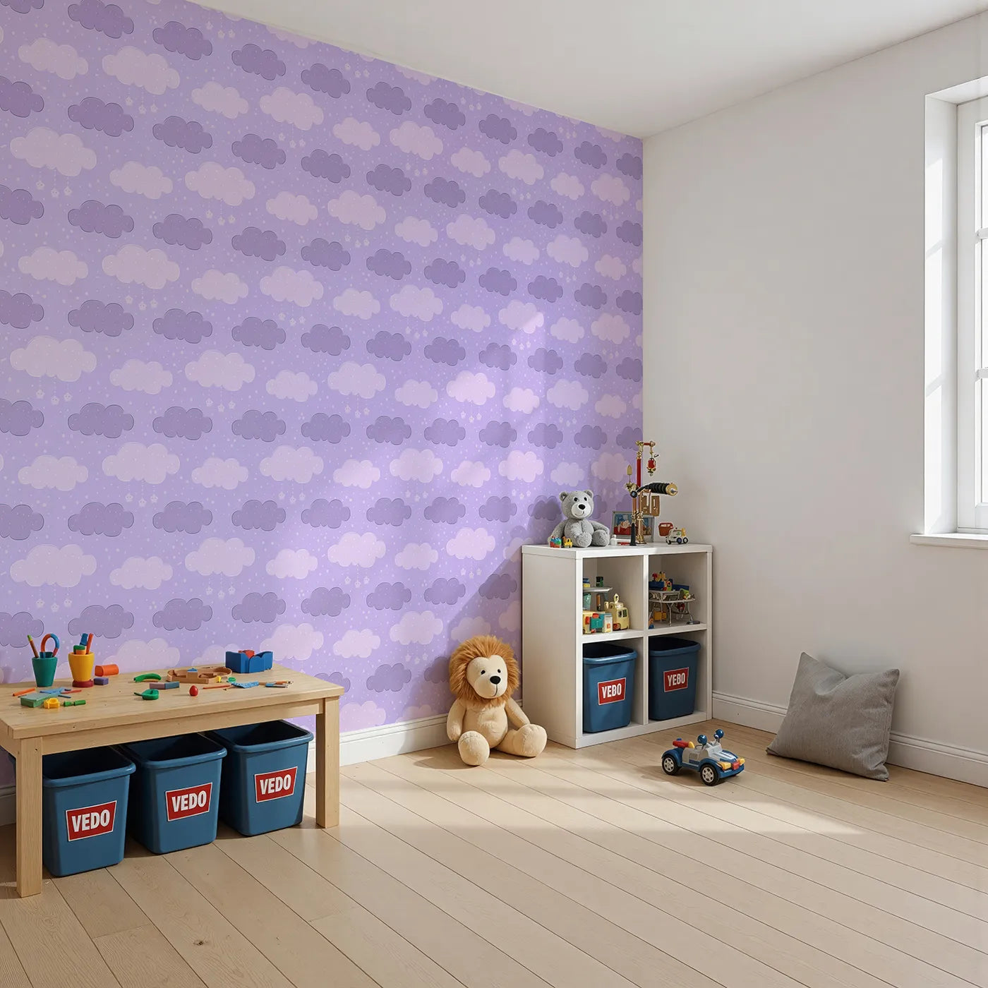 Angled view of Whimsy Tots' Dreamy Drizzle Clouds Wallpaper in Purple (W3023C).Floating clouds and sprinkle stars bring calm and cuddles to every corner.