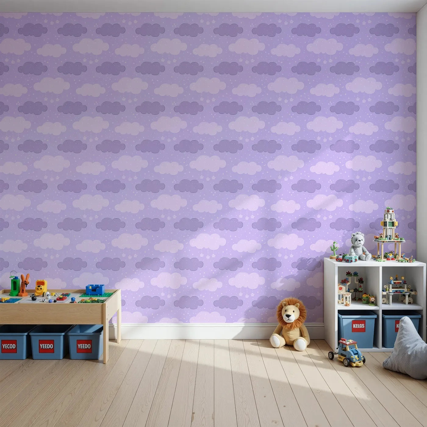 Front view of Whimsy Tots' Dreamy Drizzle Clouds Wallpaper in Purple