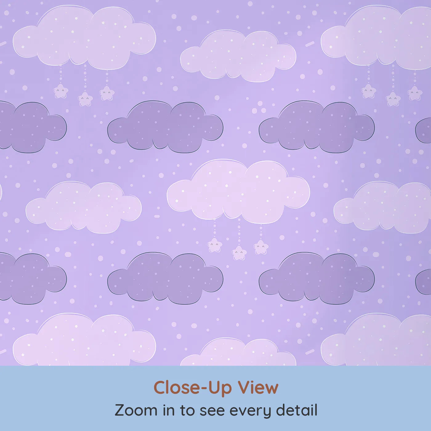 Close-up view of Whimsy Tots' Dreamy Drizzle Clouds Wallpaper in Purple (W3023C).Floating clouds and sprinkle stars bring calm and cuddles to every corner.