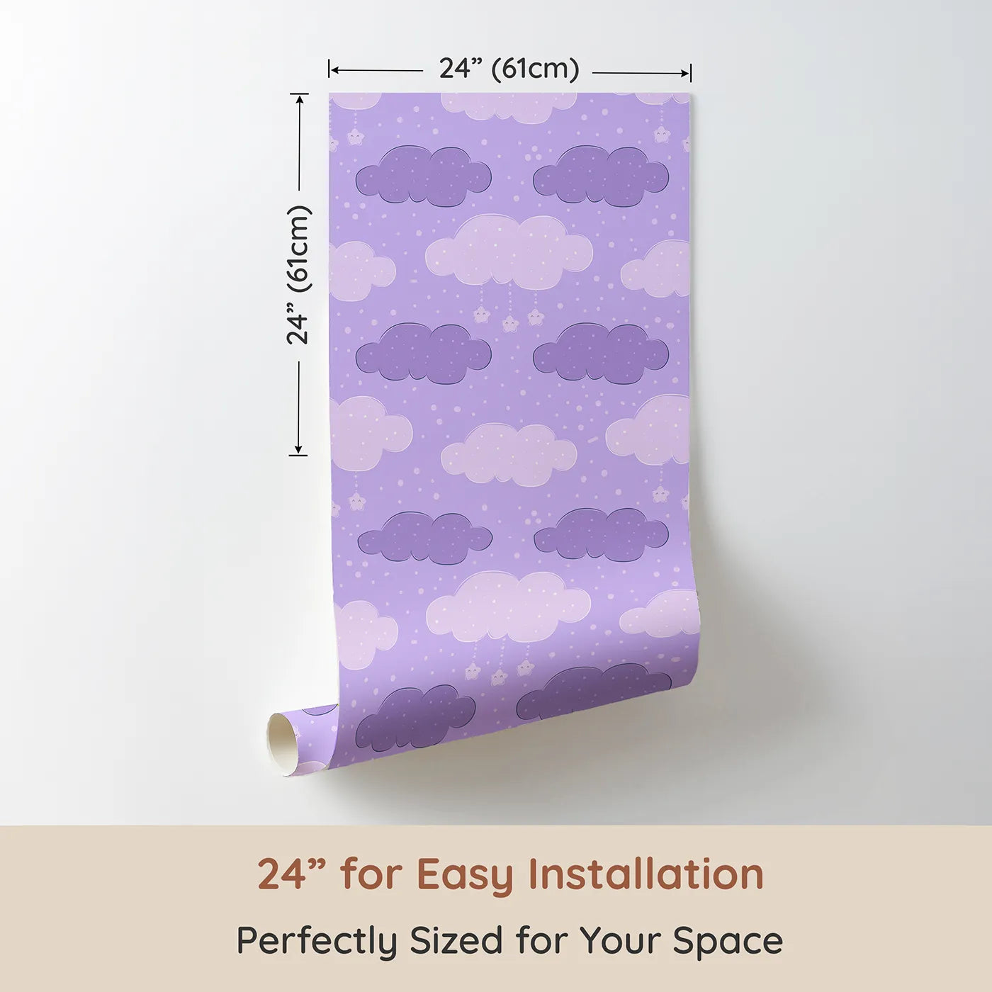 Dimension view of Whimsy Tots Dreamy Drizzle Clouds Wallpaper in Purple (W3023C). Printed in 24-inch-wide panel for easy installation. Floating clouds and sprinkle stars bring calm and cuddles to every corner.