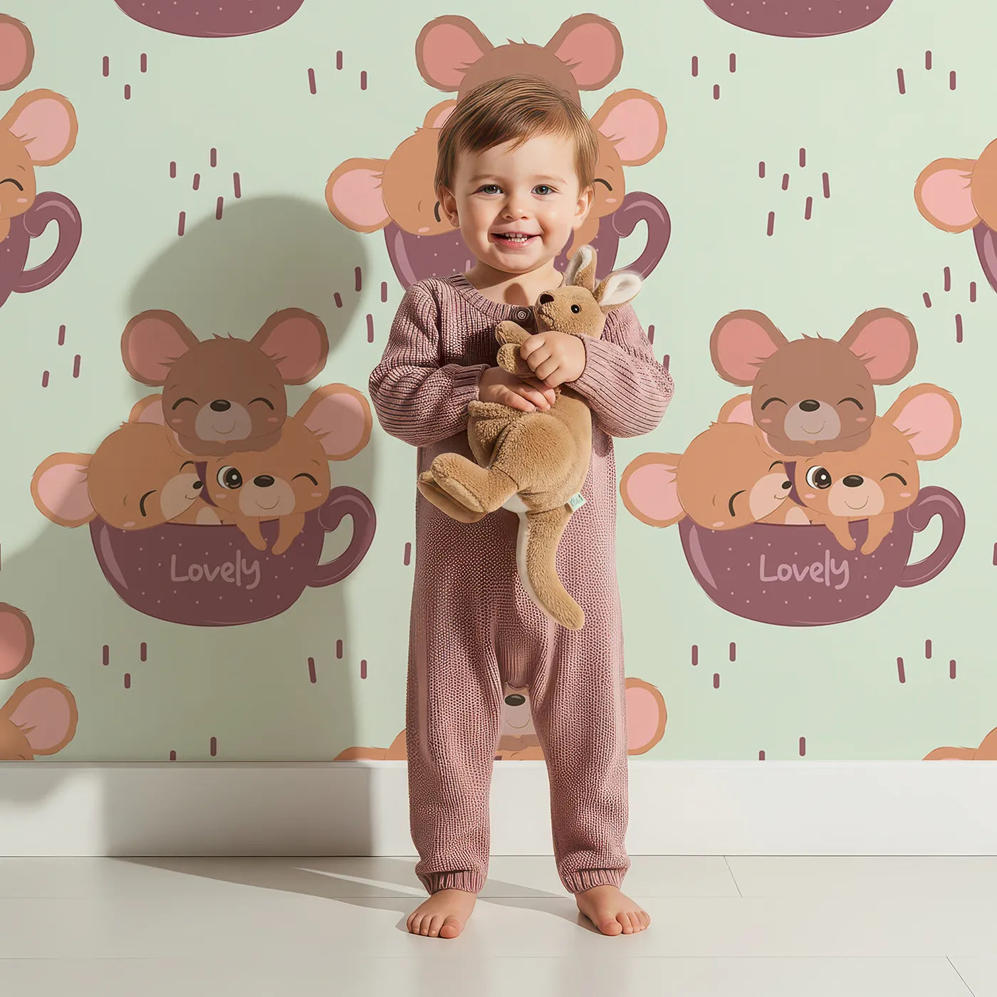 Lovely child standing in front of Whimsy Tots Lovely Tea Mice Wallpaper in Mint Green with mouse, cup, sprinkle in design.