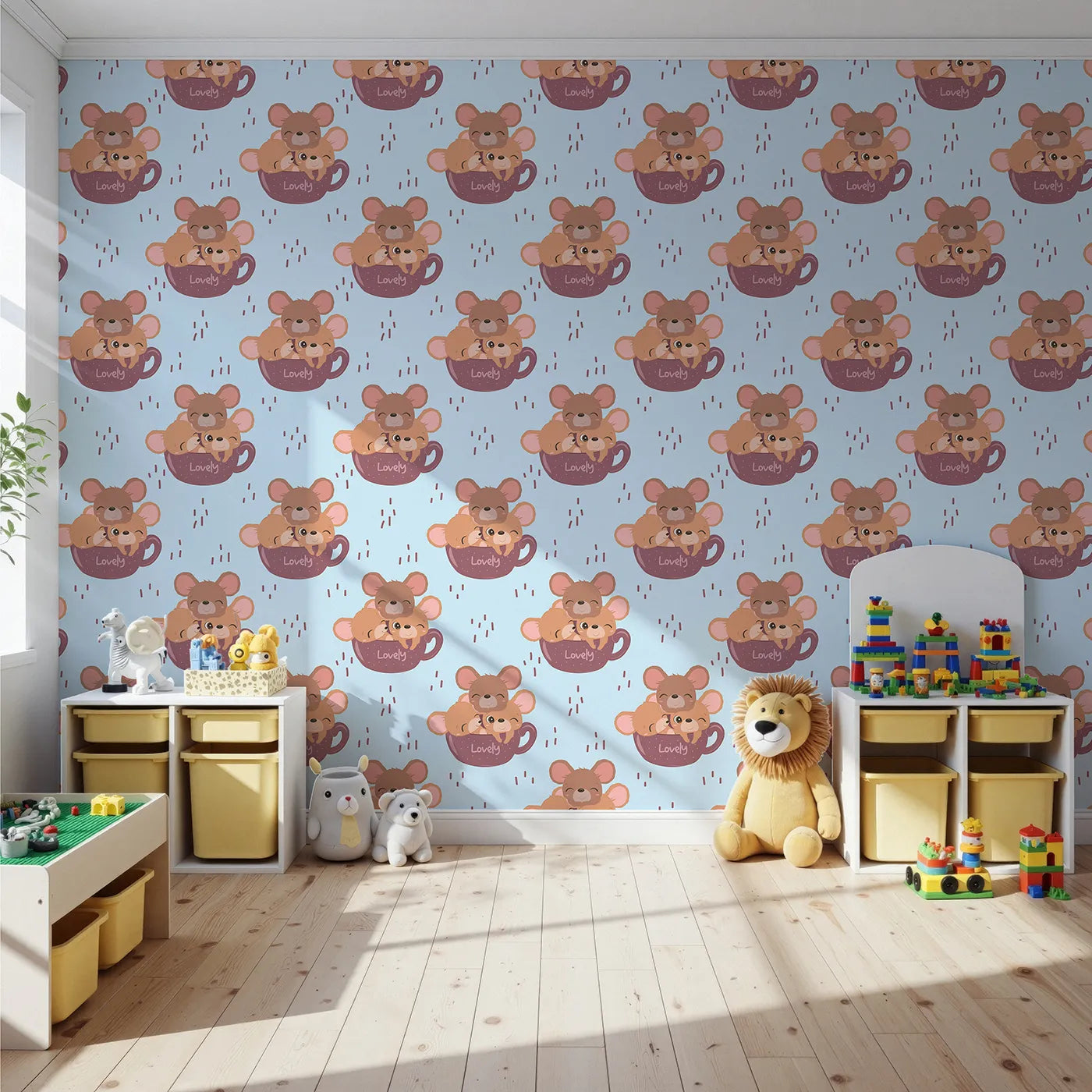 Front view of Whimsy Tots' Lovely Tea Mice Wallpaper in Blue