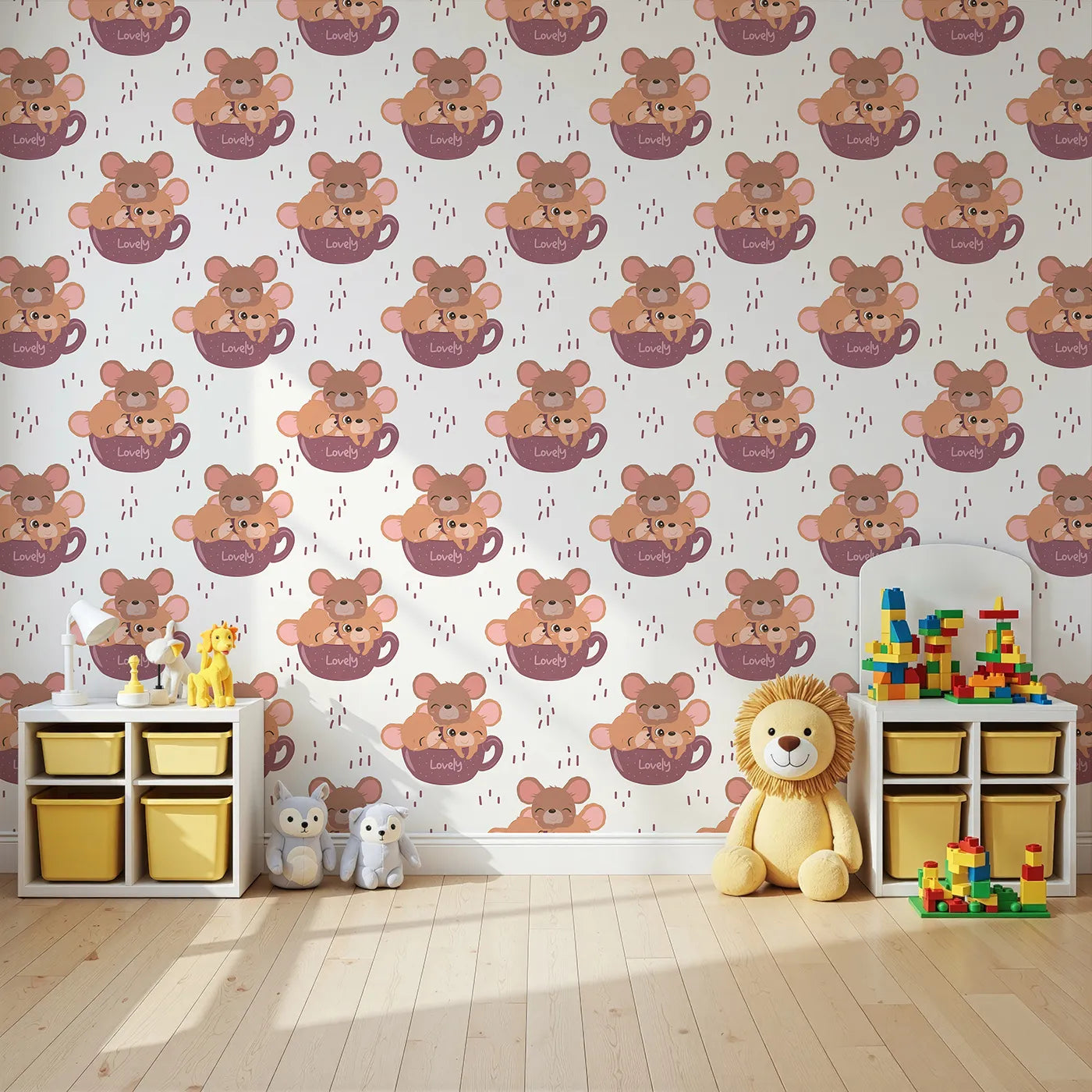 Angled view of Whimsy Tots' Lovely Tea Mice Wallpaper in White (W3024E).Sweet little mice in teacups turn every wall into a warm, whiskery hug.
