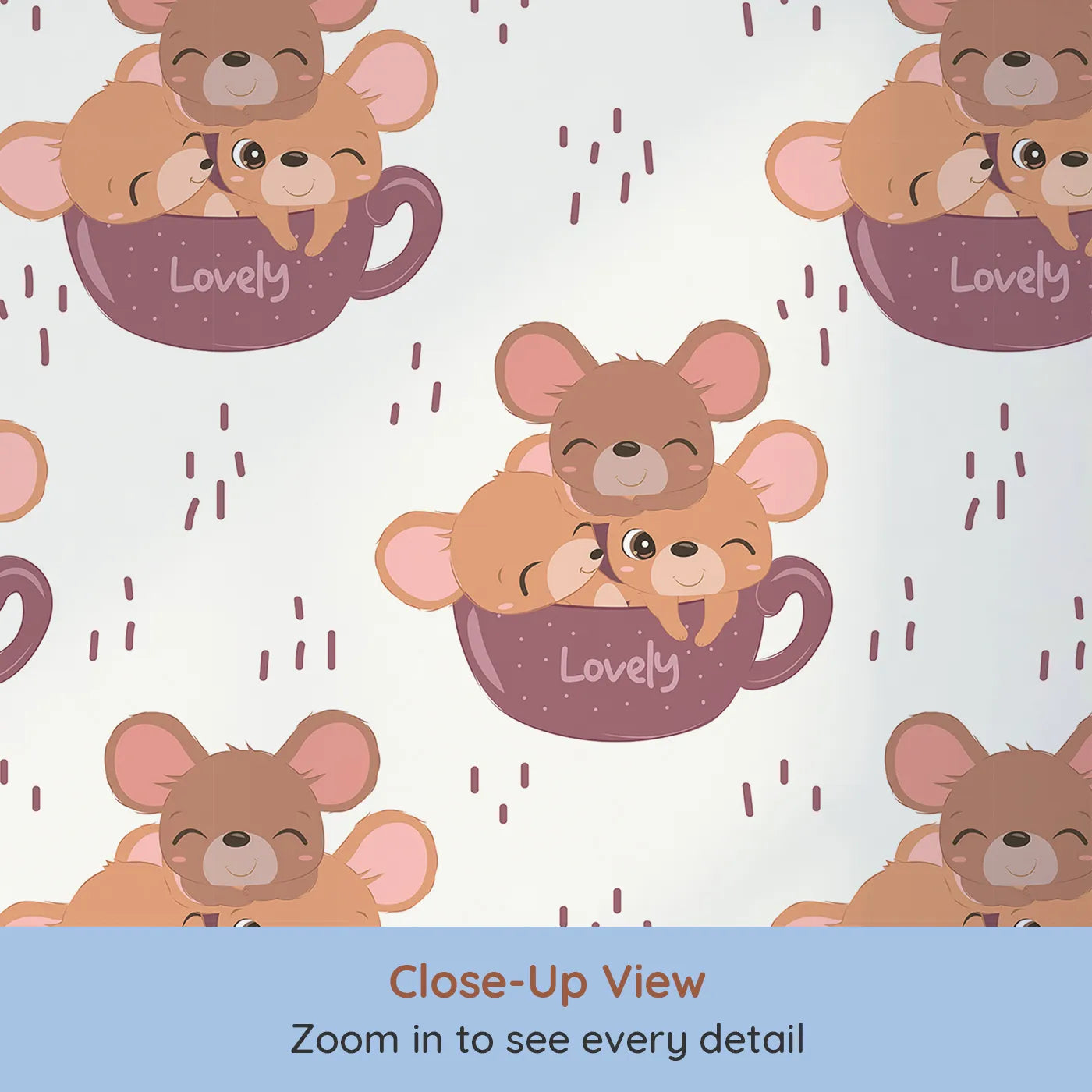 Close-up view of Whimsy Tots' Lovely Tea Mice Wallpaper in White (W3024E).Sweet little mice in teacups turn every wall into a warm, whiskery hug.