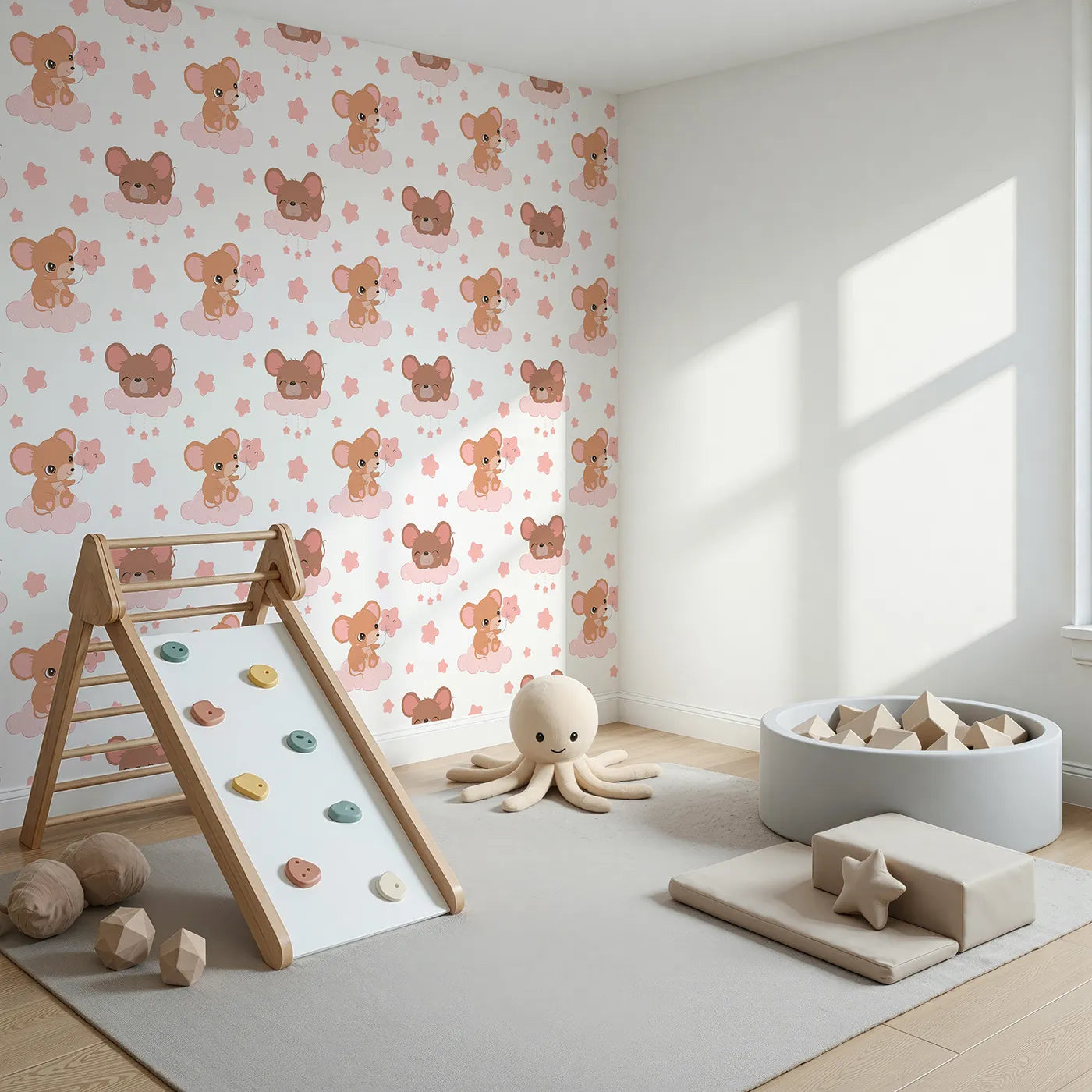 Angled view of Whimsy Tots' Starry Cloud Mouse Wallpaper in White (W3025A).One sweet mouse, one pink balloon, and a sky full of dreams.