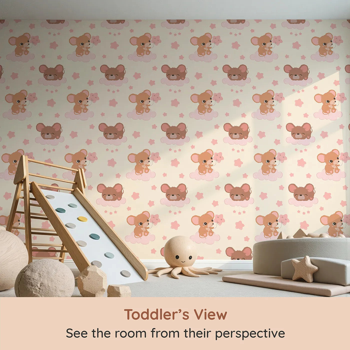 Whimsy Tots Starry Cloud Mouse Wallpaper in Cream (W3025B) from your child's view.One sweet mouse, one pink balloon, and a sky full of dreams.