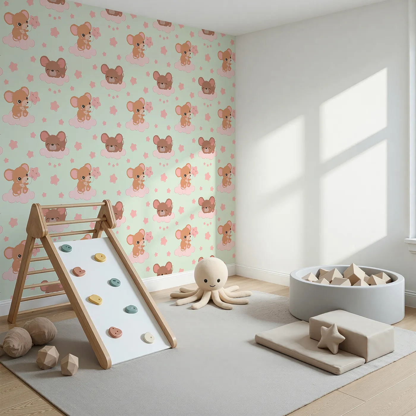 Angled view of Whimsy Tots' Starry Cloud Mouse Wallpaper in Green (W3025C).One sweet mouse, one pink balloon, and a sky full of dreams.
