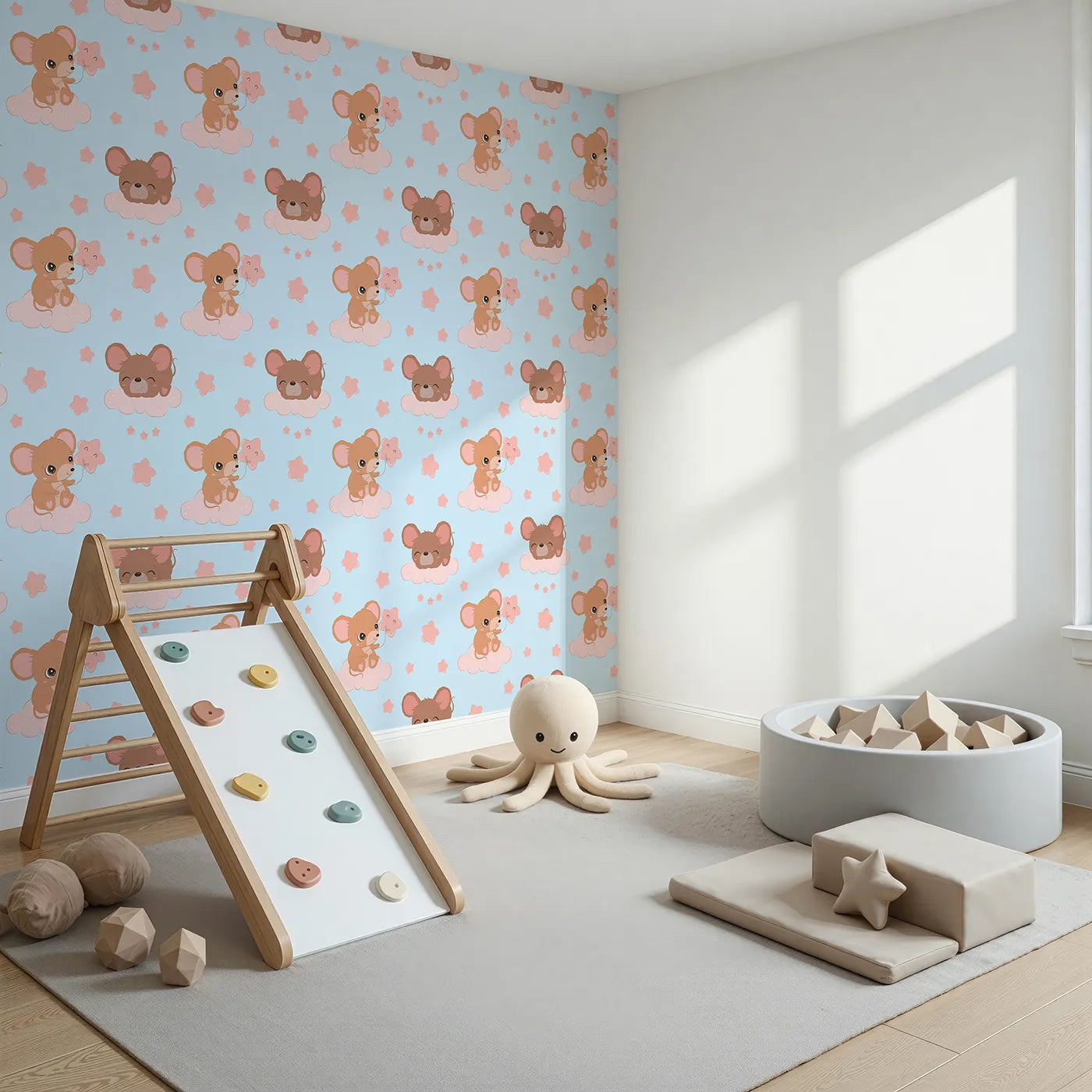Angled view of Whimsy Tots' Starry Cloud Mouse Wallpaper in Blue (W3025D).One sweet mouse, one pink balloon, and a sky full of dreams.