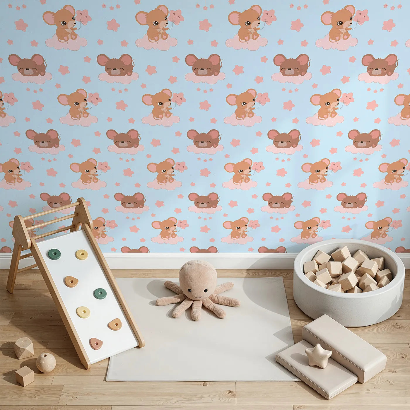 Top-Down view of Whimsy Tots' Starry Cloud Mouse Wallpaper in Blue (W3025D).One sweet mouse, one pink balloon, and a sky full of dreams.