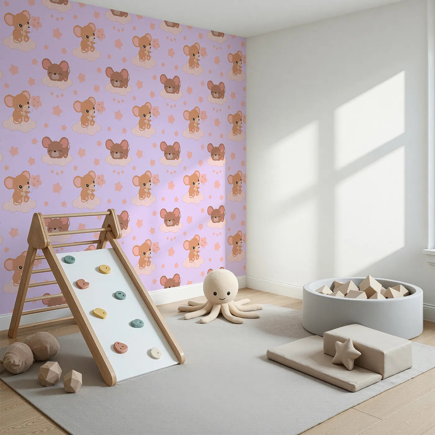 Angled view of Whimsy Tots' Starry Cloud Mouse Wallpaper in Purple (W3025E).One sweet mouse, one pink balloon, and a sky full of dreams.