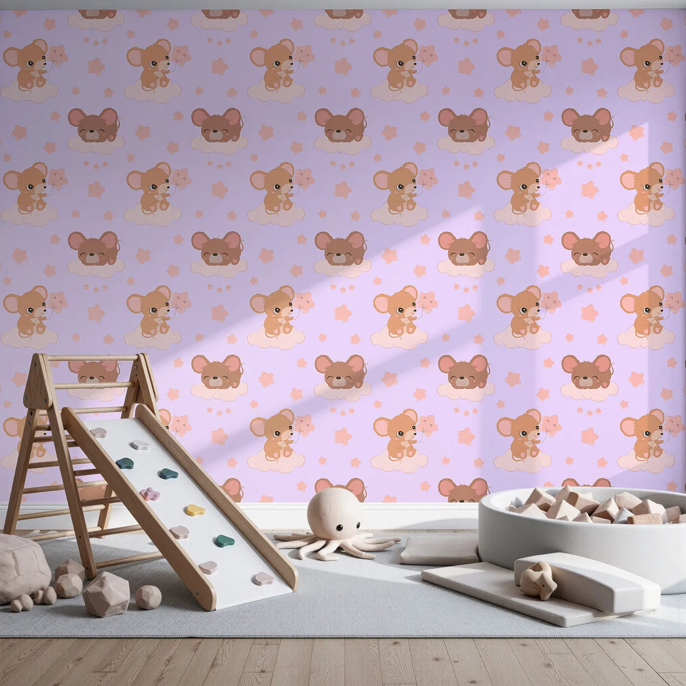Front view of Whimsy Tots' Starry Cloud Mouse Wallpaper in Purple