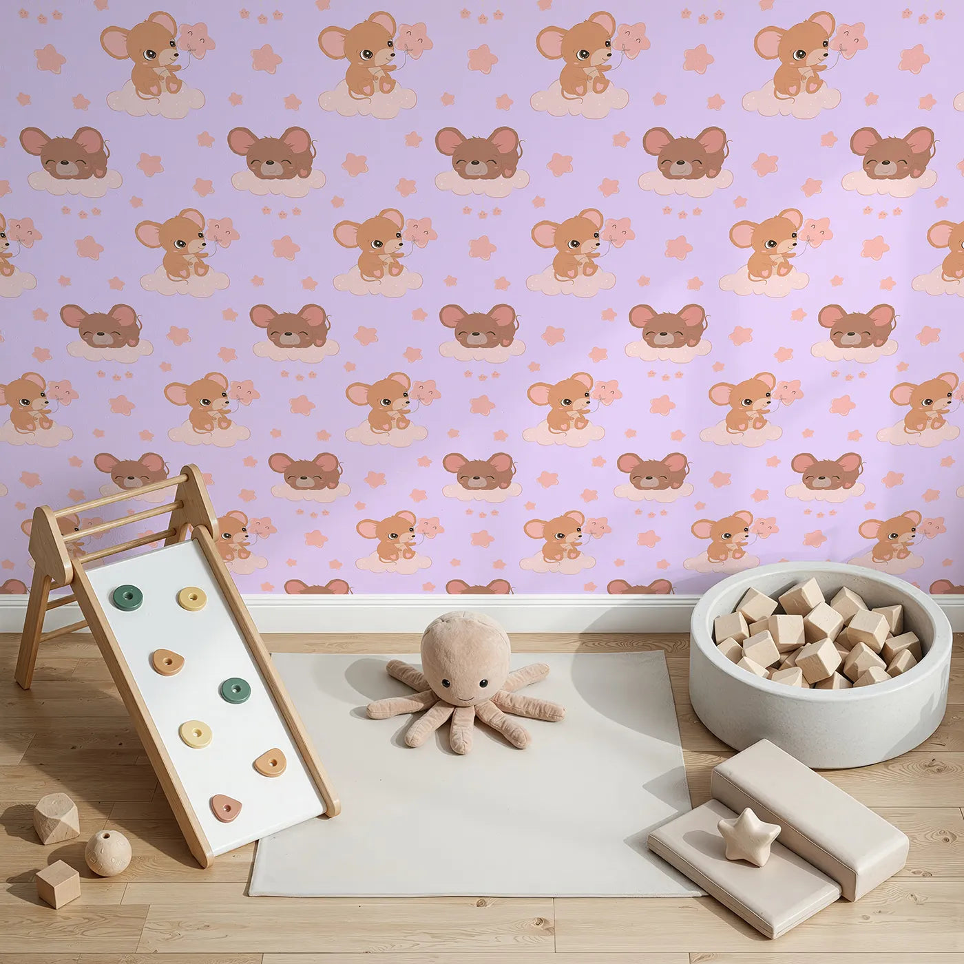 Top-Down view of Whimsy Tots' Starry Cloud Mouse Wallpaper in Purple (W3025E).One sweet mouse, one pink balloon, and a sky full of dreams.