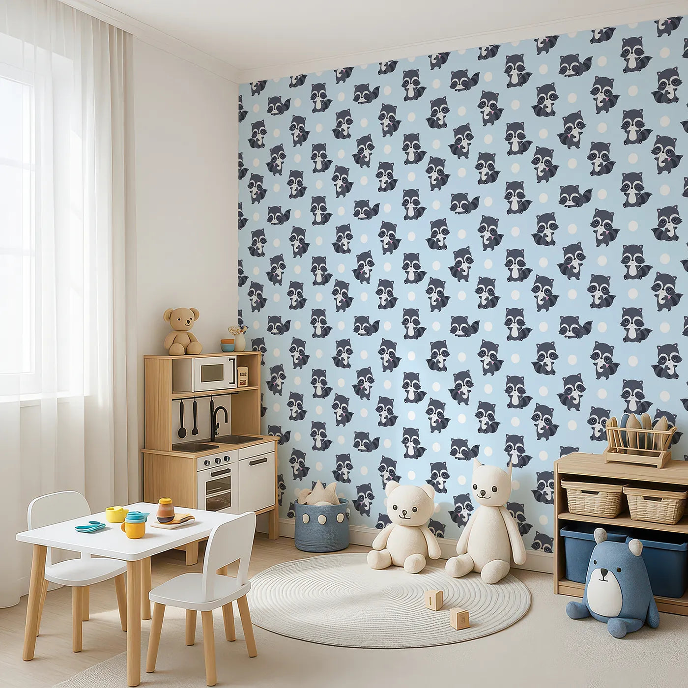 Angled view of Whimsy Tots' Playful Raccoon Parade Wallpaper in Blue (W3027D).Charming raccoons and cheerful dots make every wall come alive with joy.